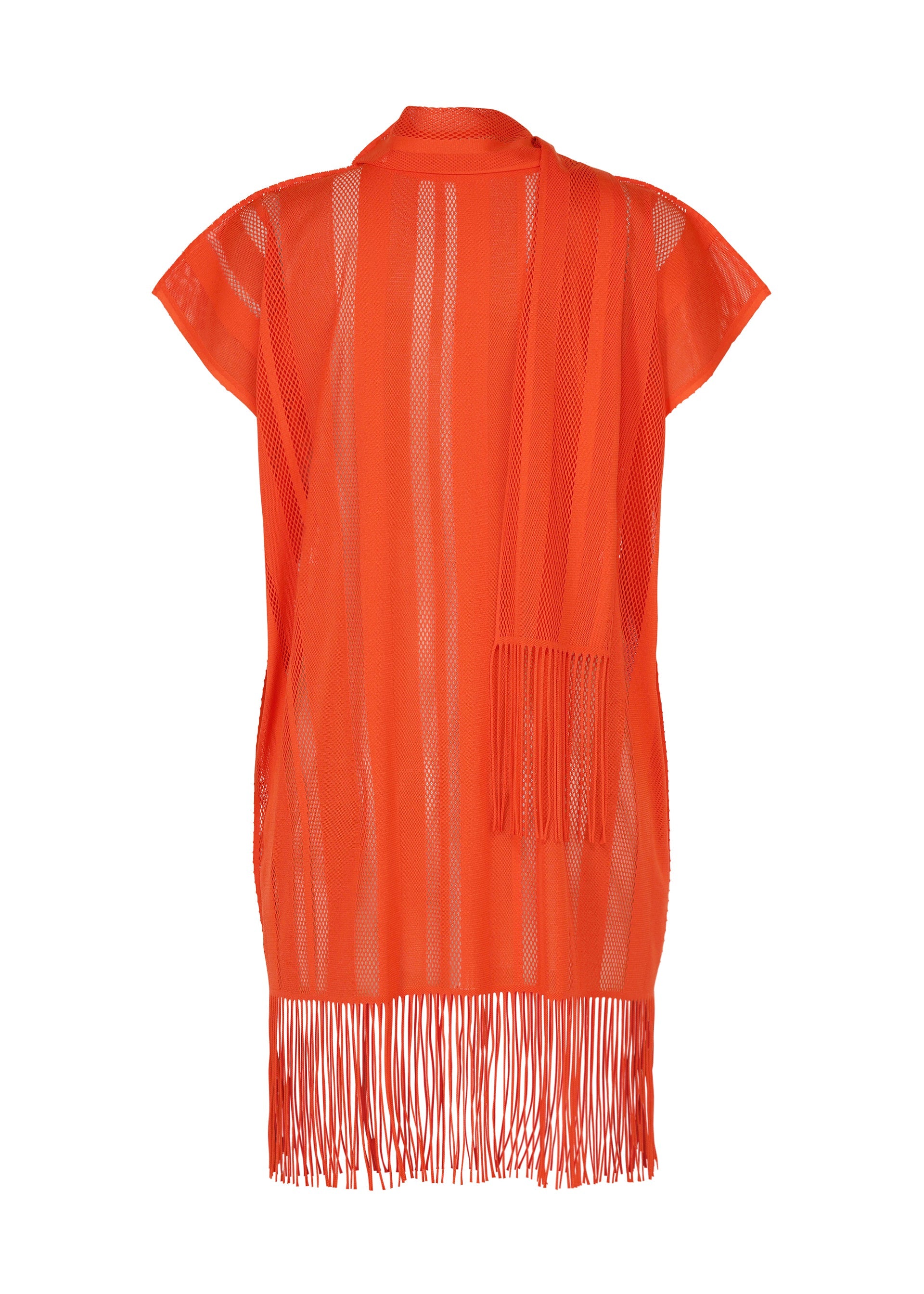 Zoomed view A-POC LACE by PLEATS PLEASE ISSEY MIYAKE: a sheer orange mesh poncho featuring a round-neck tunic design, short sleeves, long fringe at the hem, and a matching scarf draped over one shoulder, displayed on a plain white background.