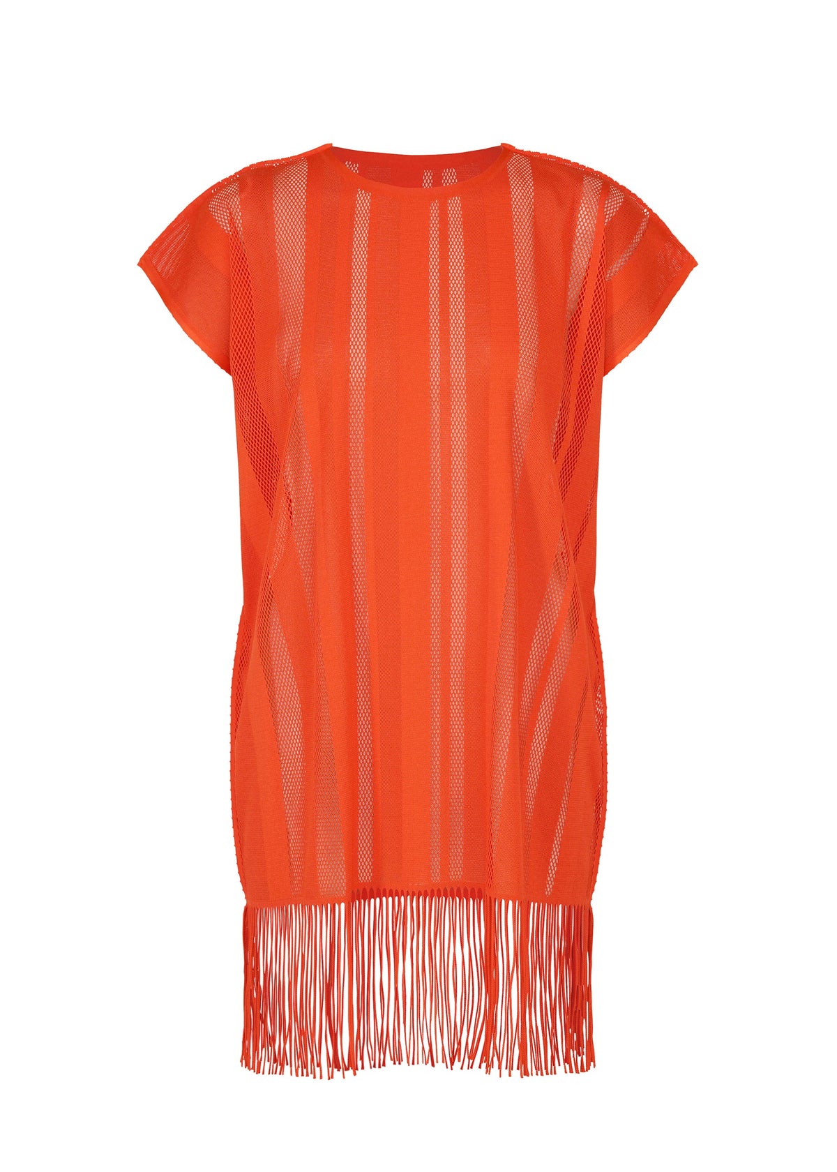 The A-POC LACE dress by PLEATS PLEASE ISSEY MIYAKE is a bright orange mesh cover-up crafted from airy mesh material, featuring short sleeves, vertical stripe patterns, and playful fringe detailing along the hem for a chic fringed tunic look. view 3 of 9