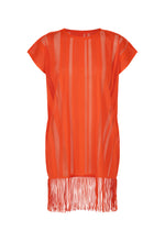 The A-POC LACE dress by PLEATS PLEASE ISSEY MIYAKE is a bright orange mesh cover-up crafted from airy mesh material, featuring short sleeves, vertical stripe patterns, and playful fringe detailing along the hem for a chic fringed tunic look.