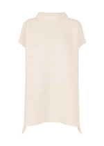 The PAPER BOUNCE KNIT by PLEATS PLEASE ISSEY MIYAKE is a light beige, short-sleeved, high-neck tunic crafted from a washi-paper-blend pleated knit with textured ribbing, a relaxed fit, and small side slits at the hem. - WHITE （no.01）