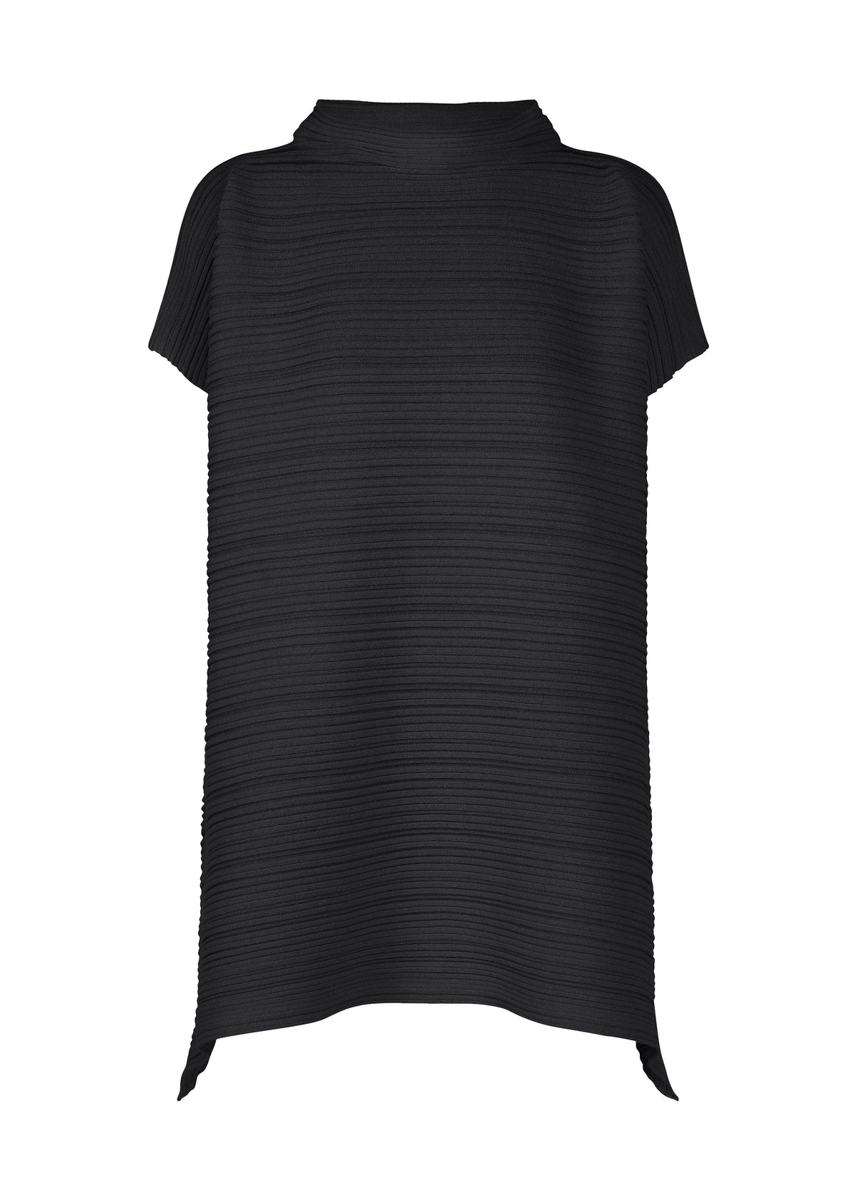 The PAPER BOUNCE KNIT by PLEATS PLEASE ISSEY MIYAKE is a black, short-sleeve, high-neck tunic made from washi-paper-blend fabric with horizontal ribbing, a loose fit, and a slightly asymmetrical hem for modern style. view 2 of 8