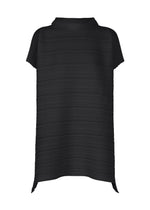 The PAPER BOUNCE KNIT by PLEATS PLEASE ISSEY MIYAKE is a black, short-sleeve, high-neck tunic made from washi-paper-blend fabric with horizontal ribbing, a loose fit, and a slightly asymmetrical hem for modern style. - BLACK （no.15）