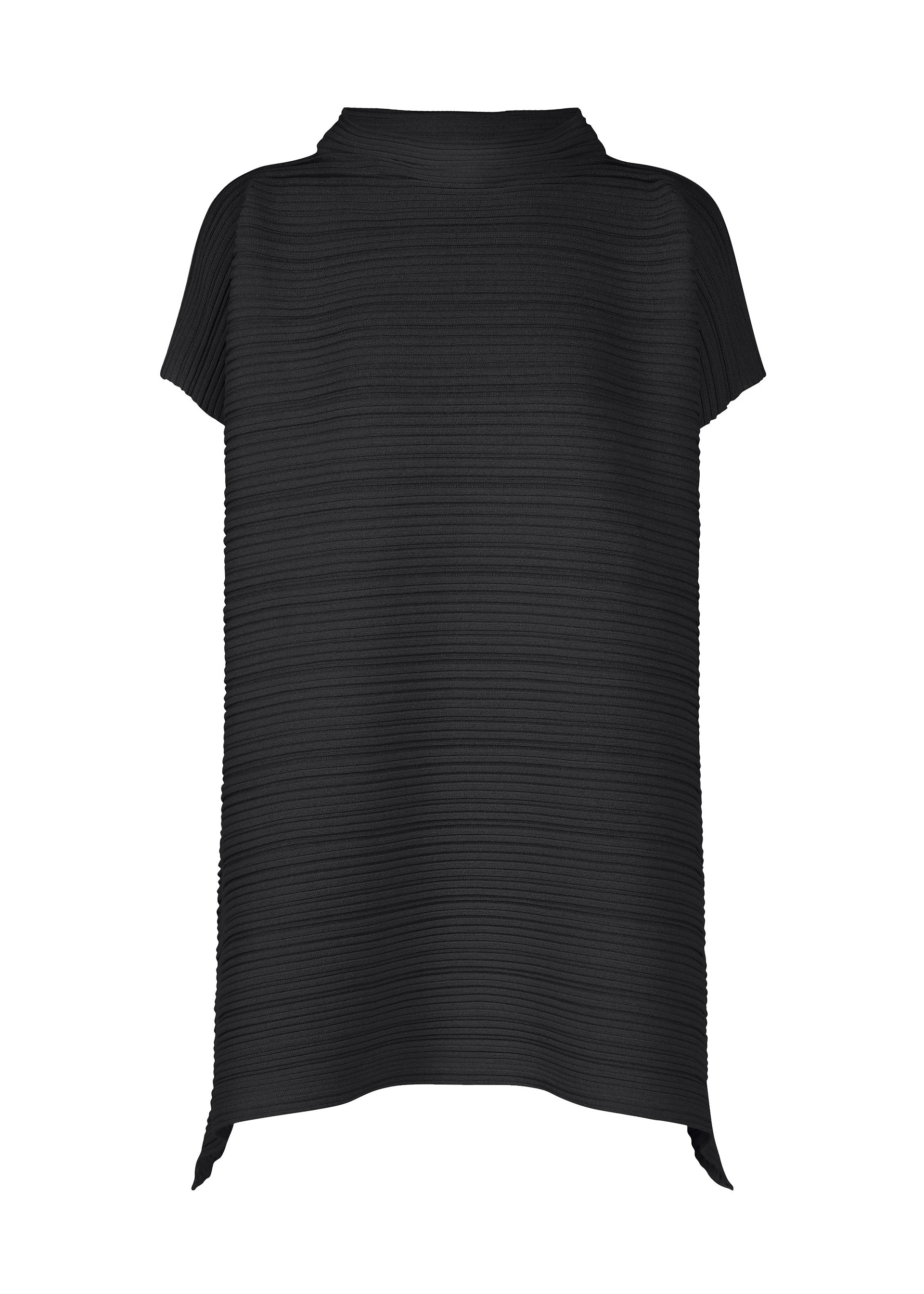 Zoomed view The PAPER BOUNCE KNIT by PLEATS PLEASE ISSEY MIYAKE is a black, short-sleeve, high-neck tunic made from washi-paper-blend fabric with horizontal ribbing, a loose fit, and a slightly asymmetrical hem for modern style. - BLACK （no.15）