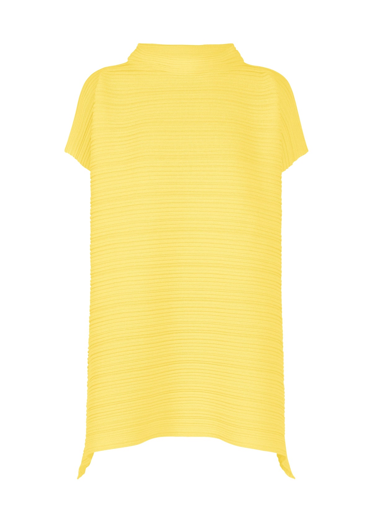 The PAPER BOUNCE KNIT by PLEATS PLEASE ISSEY MIYAKE is a loose-fit, short-sleeved yellow high-neck tunic with a pleated textured fabric, slightly folded neckline, straight hem, and subtle side slits. Shown on a white background. view 3 of 8
