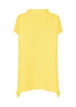 The PAPER BOUNCE KNIT by PLEATS PLEASE ISSEY MIYAKE is a loose-fitting, short-sleeved yellow top with a subtle pleated knit texture, small collar, and asymmetrical hem, shown on a plain white background.