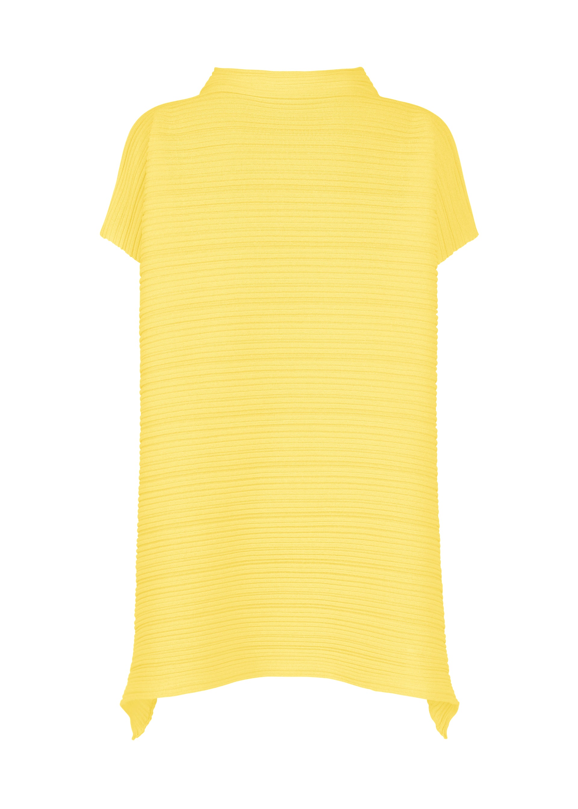 Zoomed view The PAPER BOUNCE KNIT by PLEATS PLEASE ISSEY MIYAKE is a loose-fitting, short-sleeved yellow top with a subtle pleated knit texture, small collar, and asymmetrical hem, shown on a plain white background.