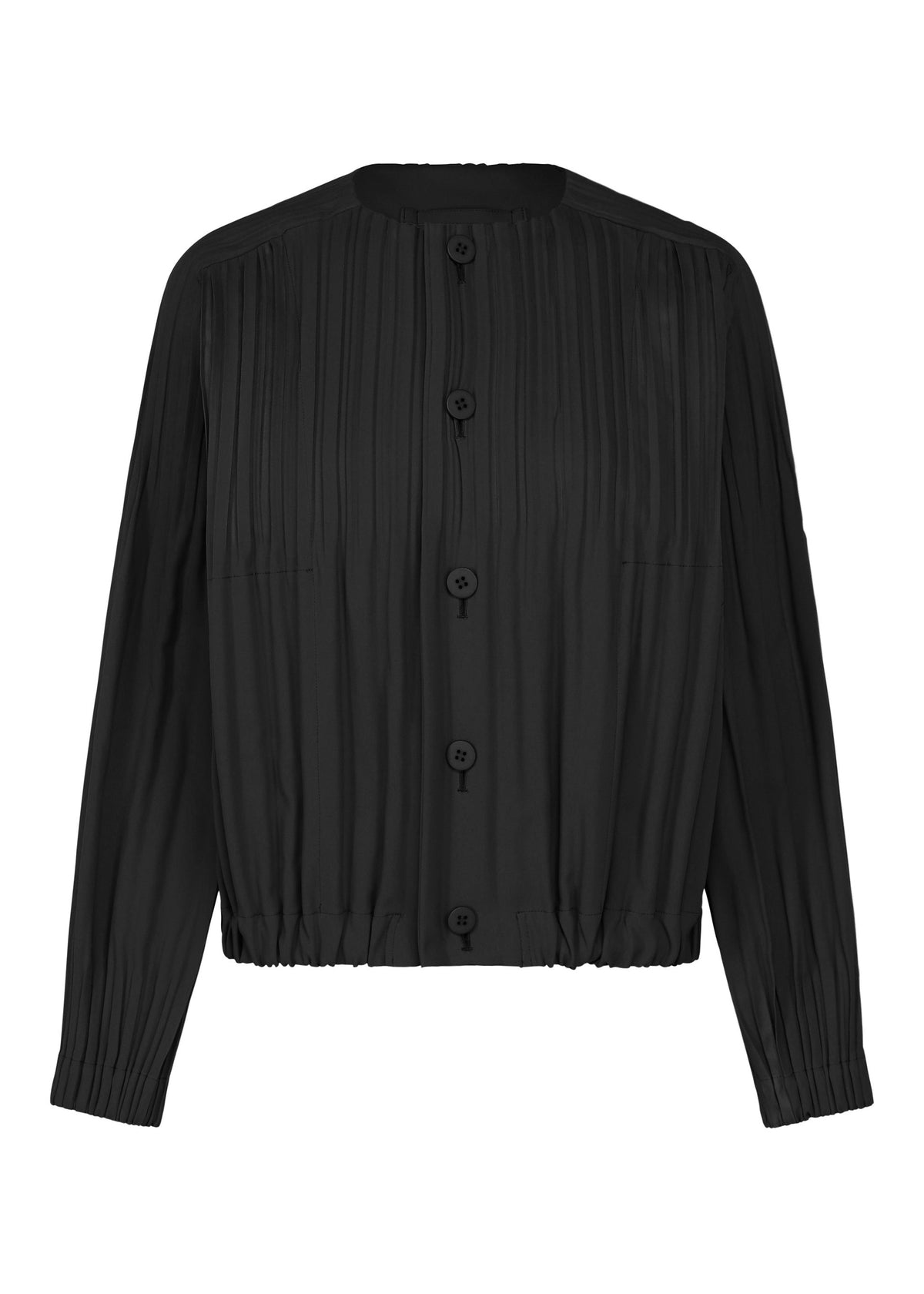 Zoomed view The SMOOTH COAT by PLEATS PLEASE ISSEY MIYAKE is a black, long-sleeve blouse featuring vertical pleats, a round neckline, button-down front, and elasticized hem and cuffs. Crafted from thick fabric ideal for layering in chilly seasons, it is displayed on a plain white background. - BLACK （no.15）