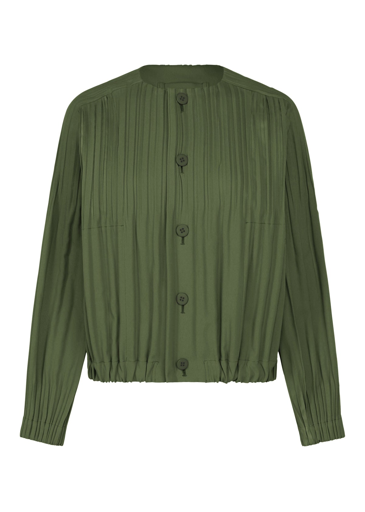 A long-sleeve, olive green SMOOTH COAT by PLEATS PLEASE ISSEY MIYAKE, designed with vertical pleats, a round neckline, black front buttons, and an elasticized hem crafted from thick fabric—ideal for layering in chilly weather or pairing beneath a collarless short coat. view 3 of 8