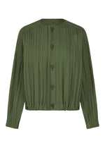 A long-sleeve, olive green SMOOTH COAT by PLEATS PLEASE ISSEY MIYAKE, designed with vertical pleats, a round neckline, black front buttons, and an elasticized hem crafted from thick fabric—ideal for layering in chilly weather or pairing beneath a collarless short coat. - KHAKI （no.65）