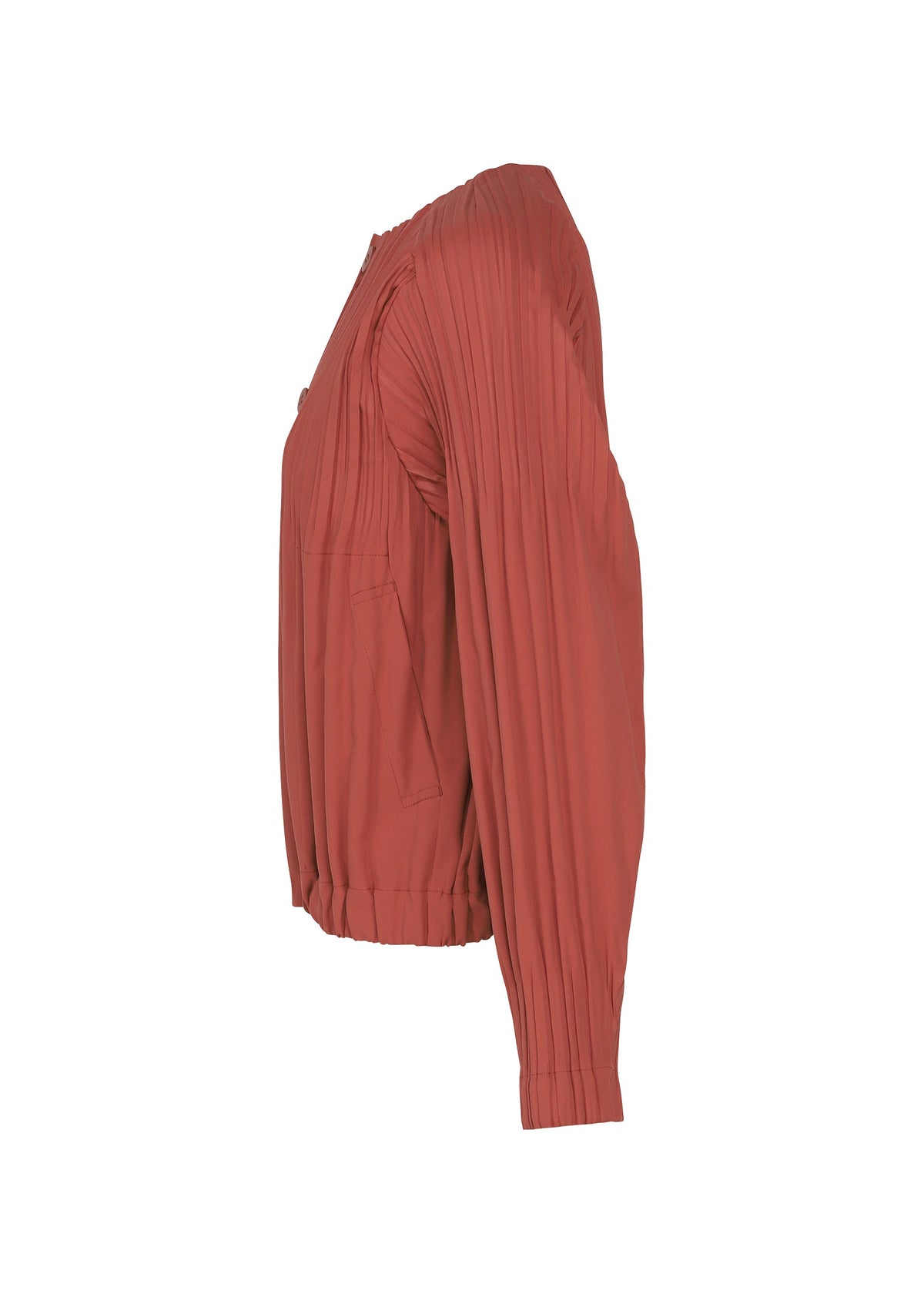 Side view of the SMOOTH COAT by PLEATS PLEASE ISSEY MIYAKE—a rust-colored, long-sleeve pleated blouse with elastic cuffs and hem, made from thick fabric for extra warmth during chilly seasons, displayed on a white background. view 4 of 8