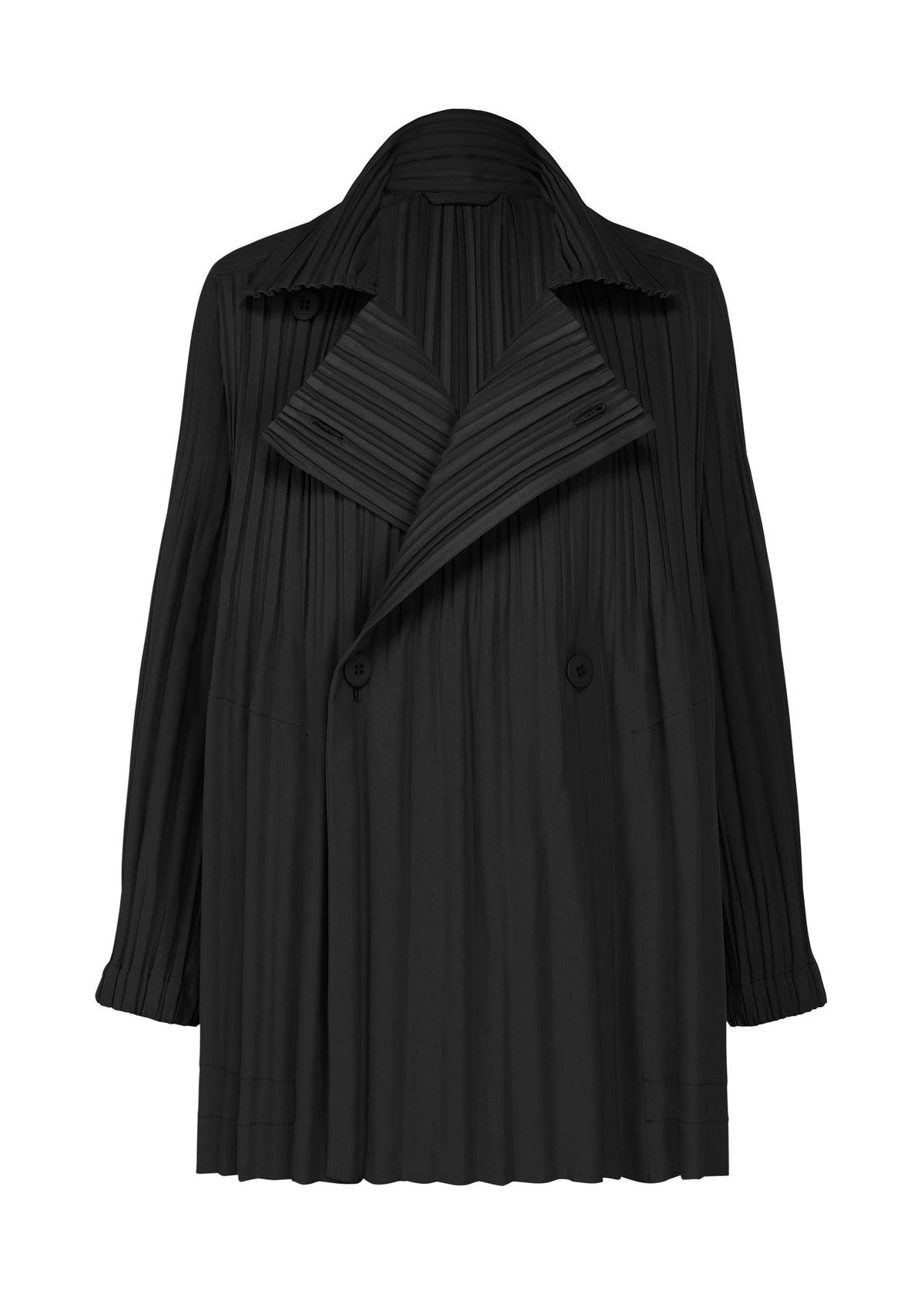 Zoomed view The SMOOTH COAT by PLEATS PLEASE ISSEY MIYAKE is a black double-breasted coat crafted from pleated, thick fabric with wide lapels and long sleeves. Its loose-fitting silhouette and prominent front buttons make it perfect for chilly seasons. - BLACK （no.15）