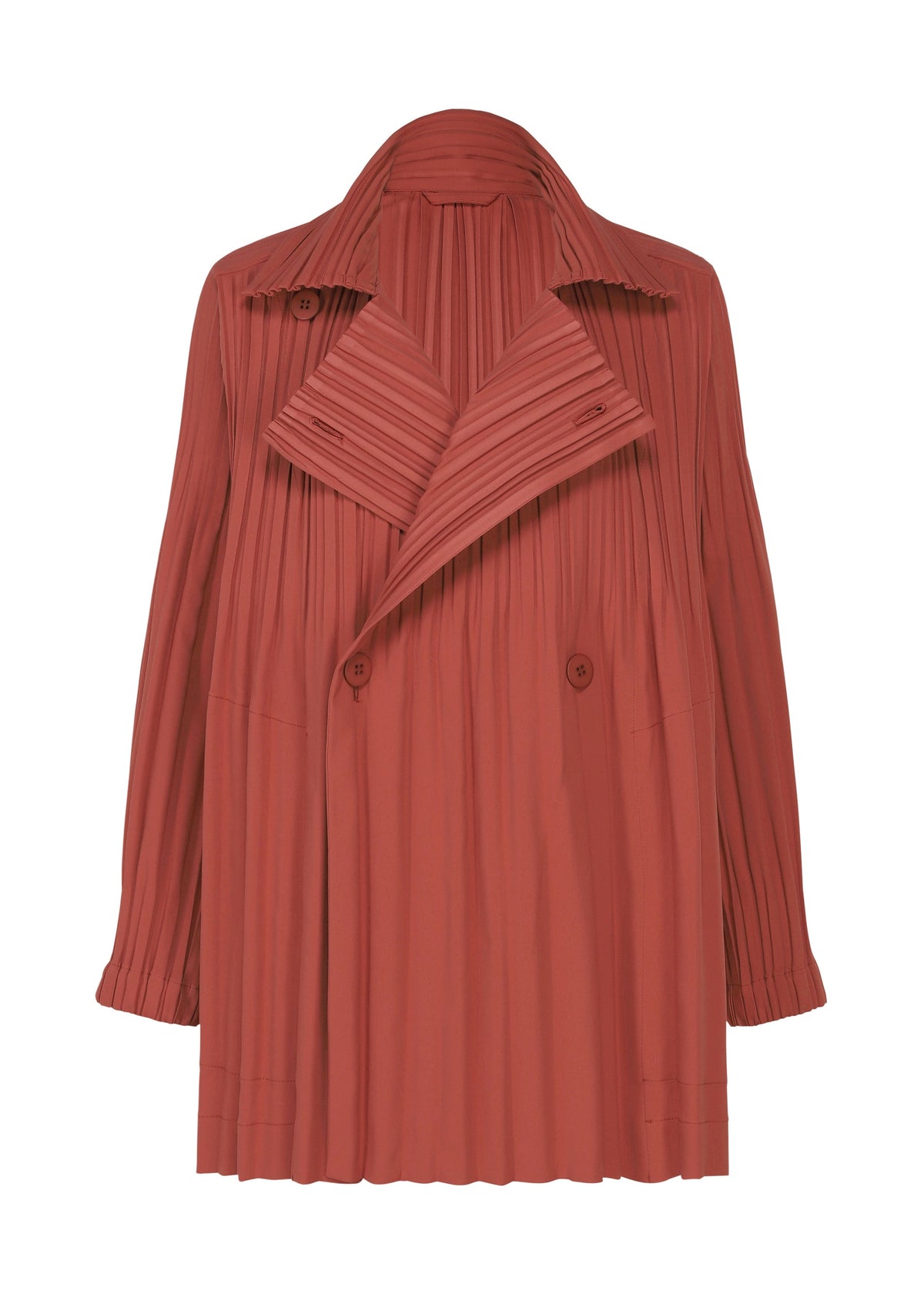Zoomed view The SMOOTH COAT by PLEATS PLEASE ISSEY MIYAKE is a rust-colored, pleated trench coat featuring wide lapels, double-breasted buttons, and long sleeves. Crafted from thick fabric for chilly seasons, it is displayed on a plain white background.