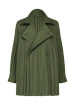 SMOOTH COAT by PLEATS PLEASE ISSEY MIYAKE is an olive green jacket featuring a wide lapel collar, double-breasted front, and long sleeves. Crafted from thick fabric with vertical pleats throughout, it offers a structured yet flowing silhouette—making it an ideal companion for chilly seasons. - KHAKI （no.65）