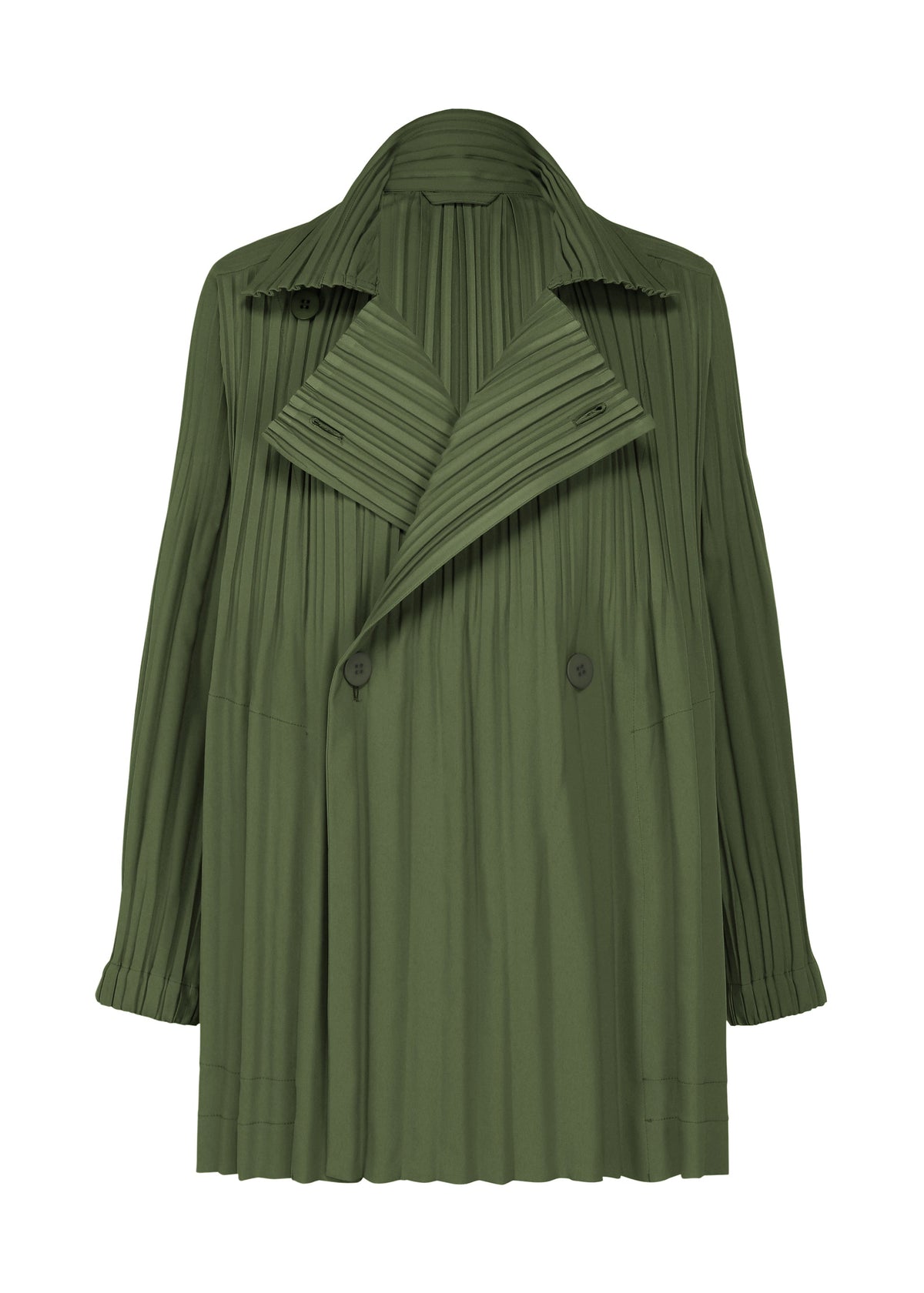 Zoomed view SMOOTH COAT by PLEATS PLEASE ISSEY MIYAKE is an olive green jacket featuring a wide lapel collar, double-breasted front, and long sleeves. Crafted from thick fabric with vertical pleats throughout, it offers a structured yet flowing silhouette—making it an ideal companion for chilly seasons. - KHAKI （no.65）