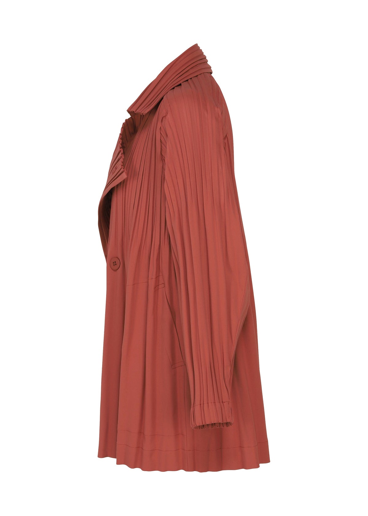Zoomed view Side view of the SMOOTH COAT by PLEATS PLEASE ISSEY MIYAKE—a long-sleeved, rust-colored coat featuring pleats, a wide collar, a single visible button, and crafted from thick fabric—shown on a white background, perfect for chilly weather.