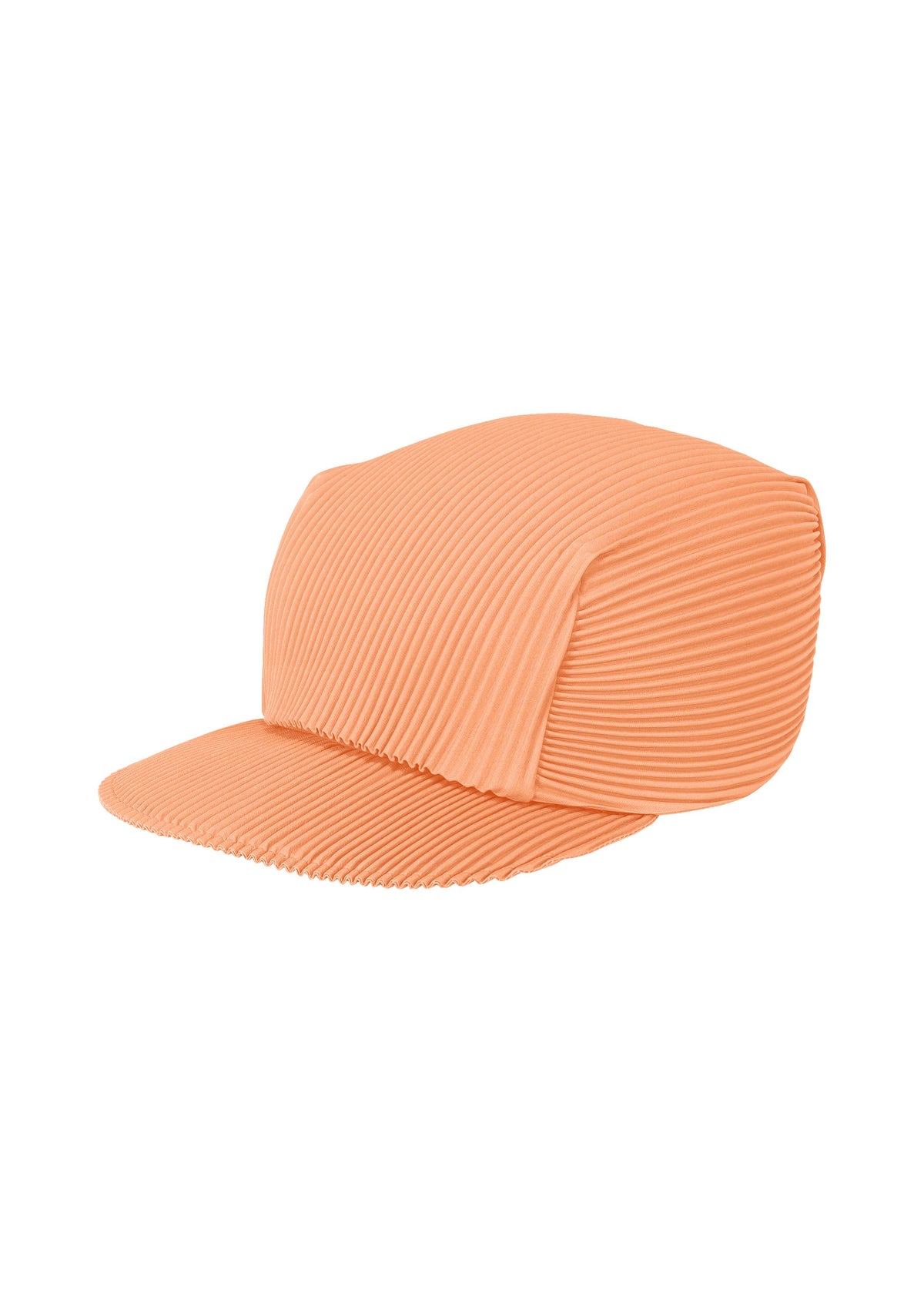 The PLEATS CAP by PLEATS PLEASE ISSEY MIYAKE is a peach-colored cap crafted from ribbed, textured fabric, featuring a flat bill and a structured crown for comfortable wear. view 2 of 8