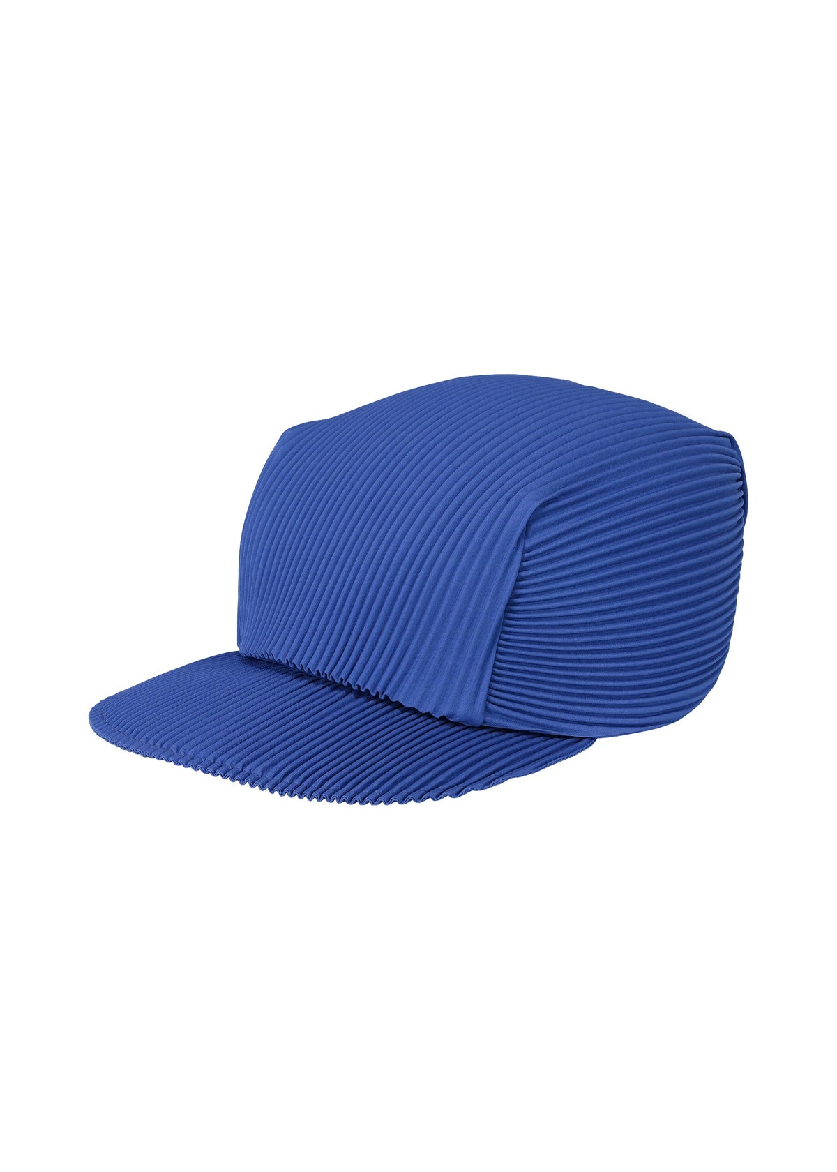 The PLEATS CAP by PLEATS PLEASE ISSEY MIYAKE features a ribbed, pleated design with a flat brim for a unique, structured look. This blue fitted cap combines style and comfort, displayed against a white background. view 3 of 8