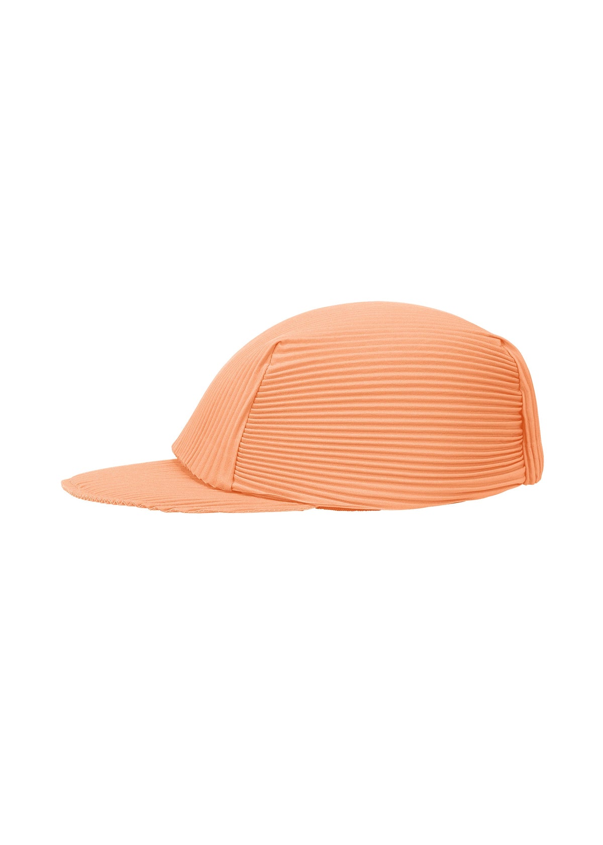 The PLEATS CAP by PLEATS PLEASE ISSEY MIYAKE is an orange fitted cap with ribbed, pleated fabric and a flat brim, shown against a white background. view 5 of 8