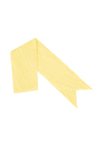 The MONTHLY SCARF JULY by PLEATS PLEASE ISSEY MIYAKE features a pale yellow, diagonally striped design, folded scarf-style with two pointed tails, displayed against a white background. - PALE YELLOW （no.50）