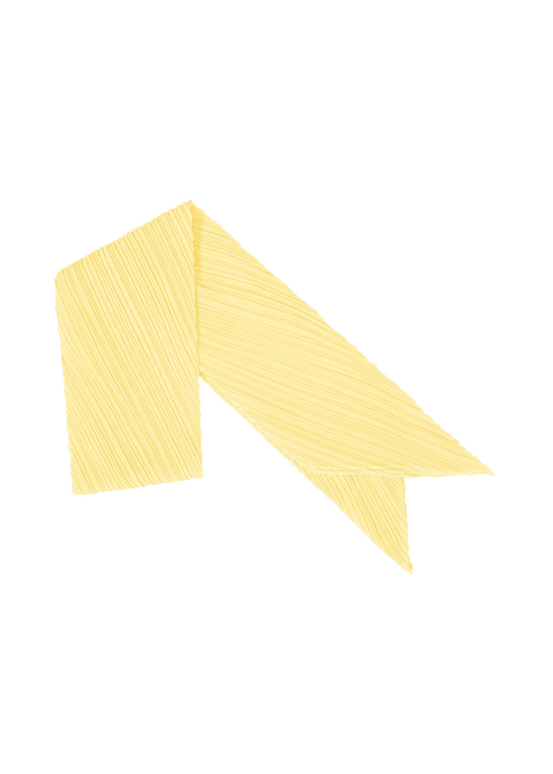 Zoomed view The MONTHLY SCARF JULY by PLEATS PLEASE ISSEY MIYAKE features a pale yellow, diagonally striped design, folded scarf-style with two pointed tails, displayed against a white background. - PALE YELLOW （no.50）