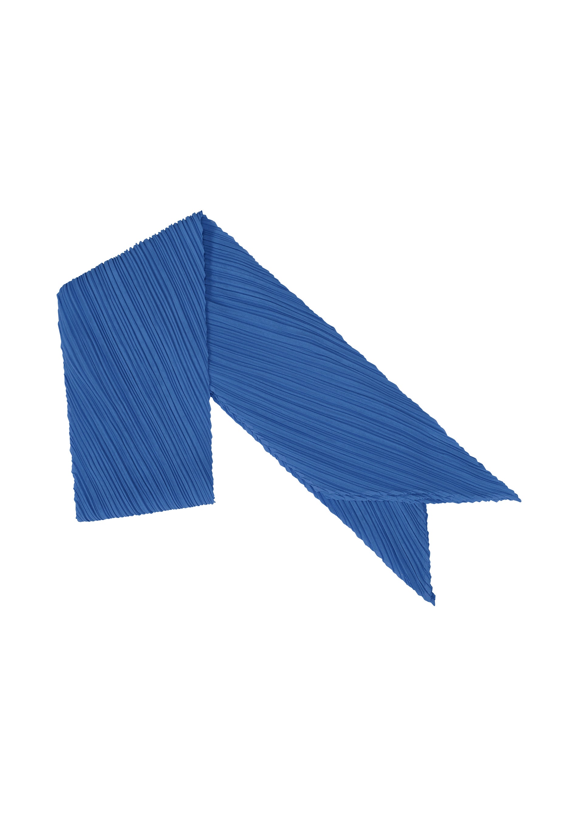 Zoomed view The MONTHLY SCARF JULY by PLEATS PLEASE ISSEY MIYAKE features a textured blue design, angled and scarf-like with a V-shaped end, shown on a plain white background. - BLUE （no.72）