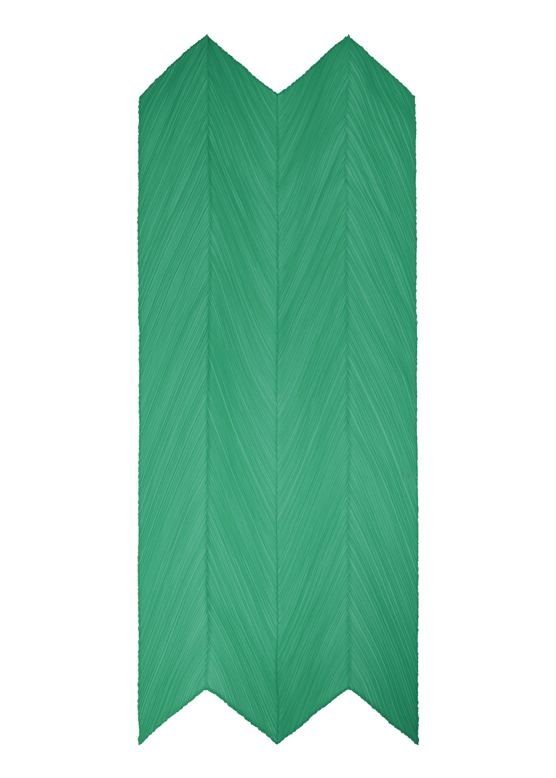 Zoomed view The MONTHLY SCARF JULY by PLEATS PLEASE ISSEY MIYAKE features a green, zigzag-folded, chevron leaf pattern with a woven-like texture and slightly uneven edges.