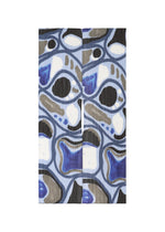 ROLL MADAME-T by PLEATS PLEASE ISSEY MIYAKE showcases abstract, overlapping organic shapes in blue, black, gray, and white on a white background, evoking the fluid elegance of norimaki sushi or a colorful printed stole. - LIGHT BLUE （no.70）