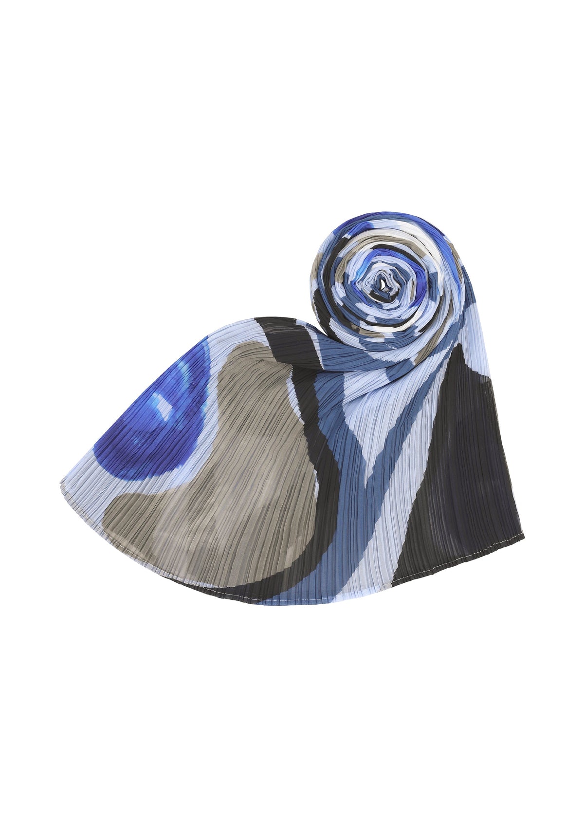 The ROLL MADAME-T by PLEATS PLEASE ISSEY MIYAKE is a pleated, fan-shaped fabric in blue, black, gray, and white, artistically rolled at one end like norimaki sushi, displayed on a plain white background. view 3 of 4