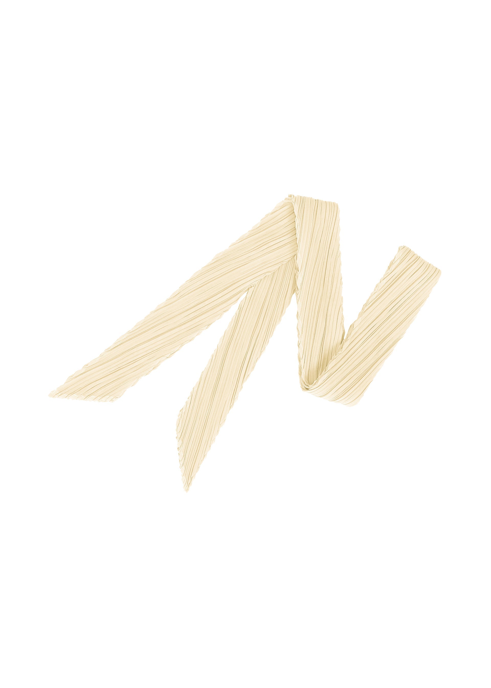Zoomed view The SKINNY SCARF by PLEATS PLEASE ISSEY MIYAKE, in light beige with textured, feathered edges, is displayed in a zigzag pattern on white—offering a versatile accessory ideal for stylish layering. - WHITE （no.01）