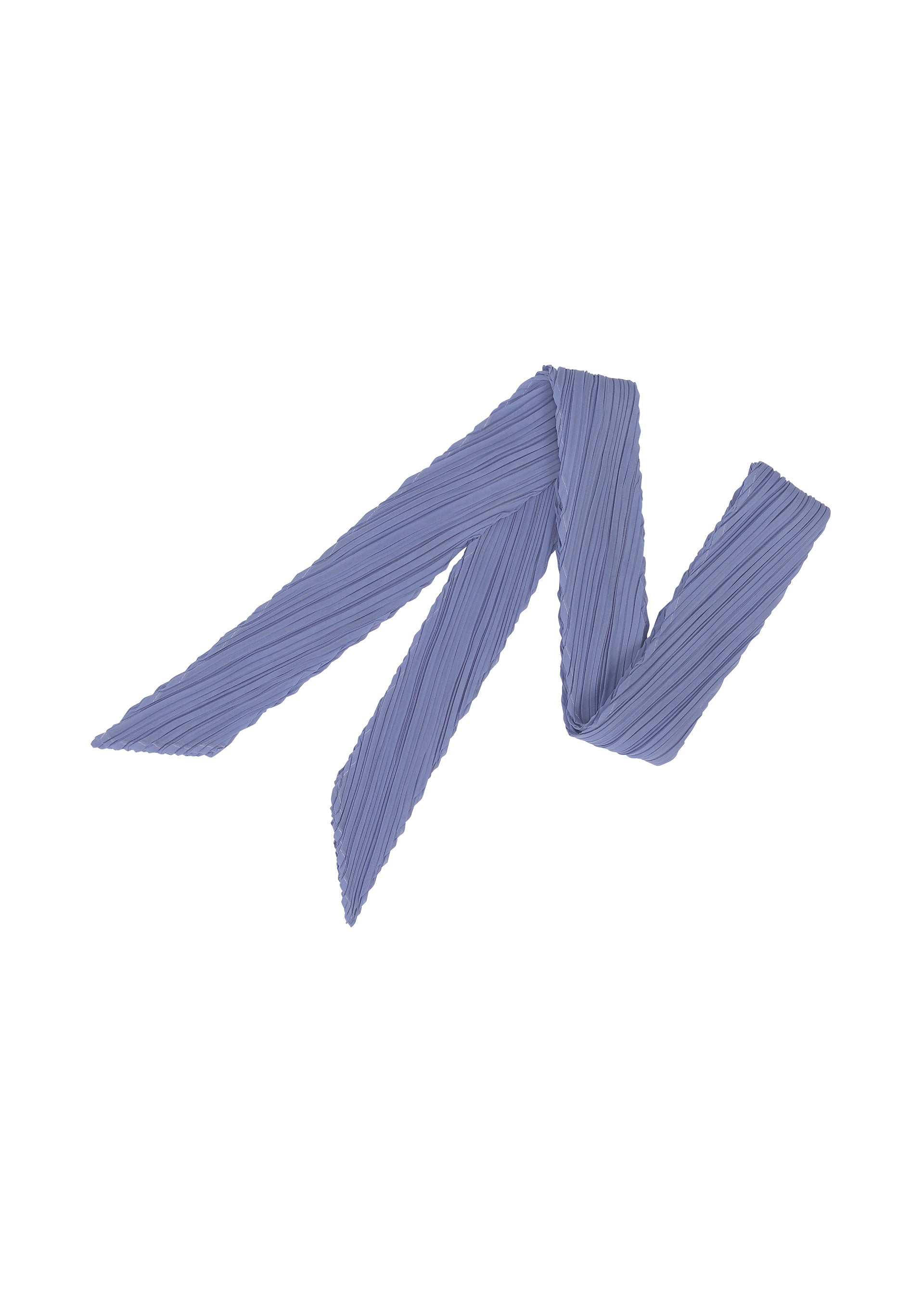 Zoomed view The SKINNY SCARF by PLEATS PLEASE ISSEY MIYAKE, a pleated lavender wrap with pointed ends, is shown in a loose zigzag on white, showcasing the versatility of long thin scarves. - LIGHT BLUE （no.70）