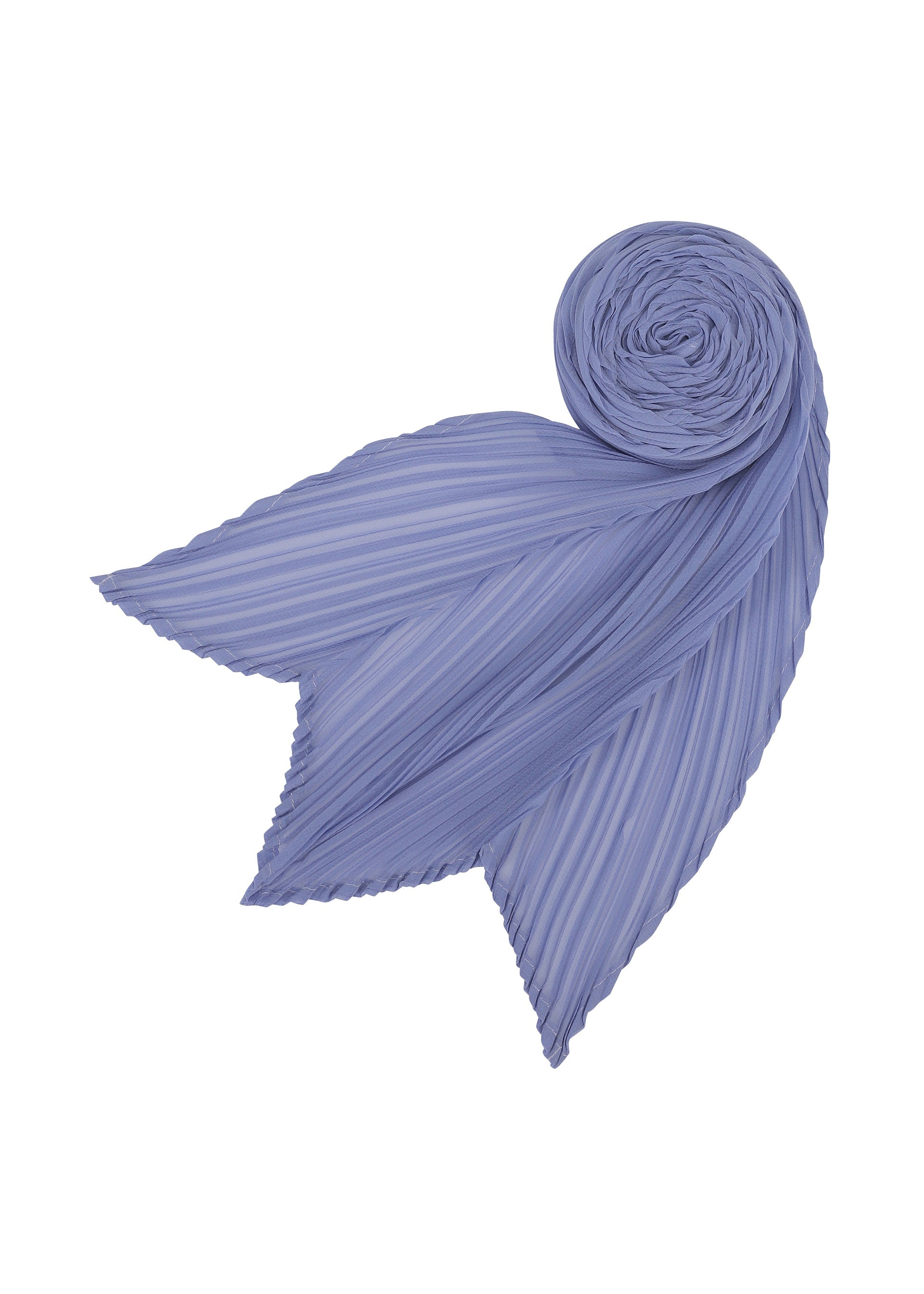 Zoomed view The SKINNY SCARF by PLEATS PLEASE ISSEY MIYAKE in lavender is pleated and thin, rolled neatly at one end while the rest of the long scarf is fanned out into two pointed, leaf-like shapes.