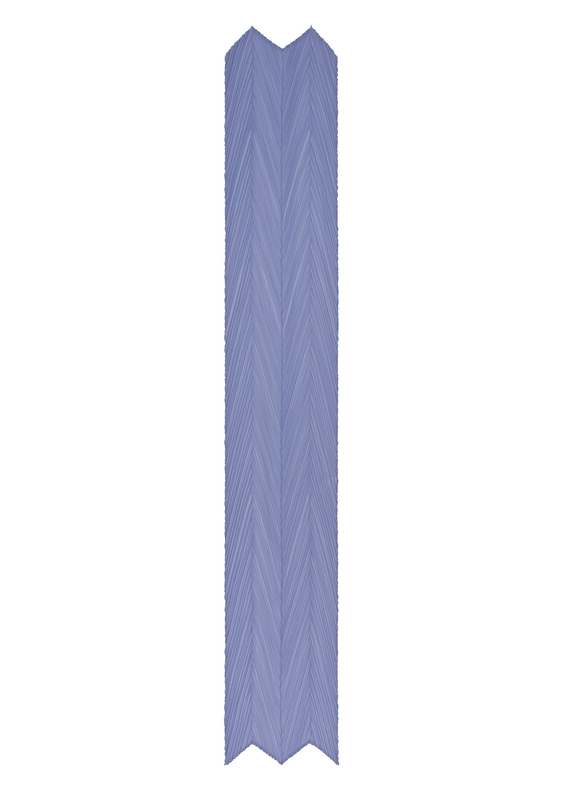 Zoomed view The SKINNY SCARF by PLEATS PLEASE ISSEY MIYAKE features a tall, vertical V-shape with a light purple herringbone pattern, resembling two angled panels joined like a folded scarf.