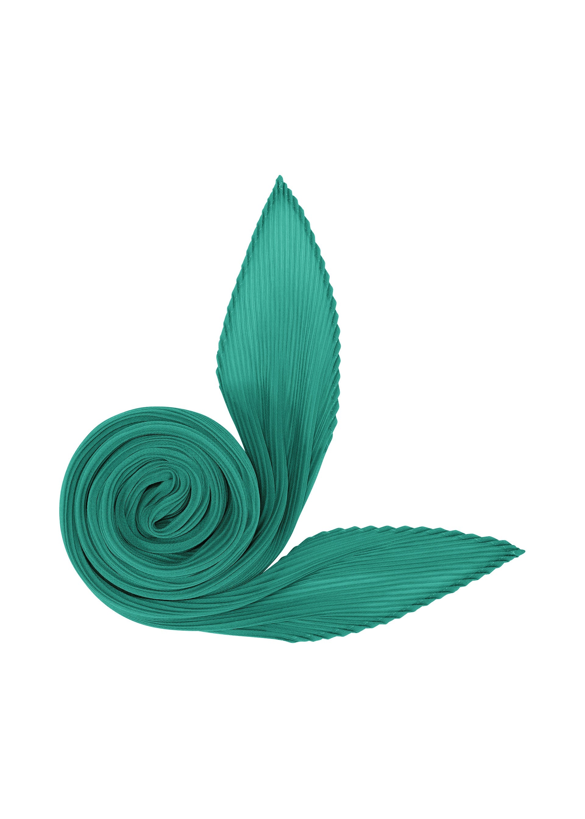 Zoomed view The MONTHLY SCARF AUGUST from PLEATS PLEASE ISSEY MIYAKE features a diamond-shaped design in refreshing teal pleated fabric, artfully spiraled with two pointed sections that evoke a stylized leaf and bud. Its vibrant colors capture the breezy charm of midsummer against a crisp white background. - TURQUOISE GREEN （no.66）