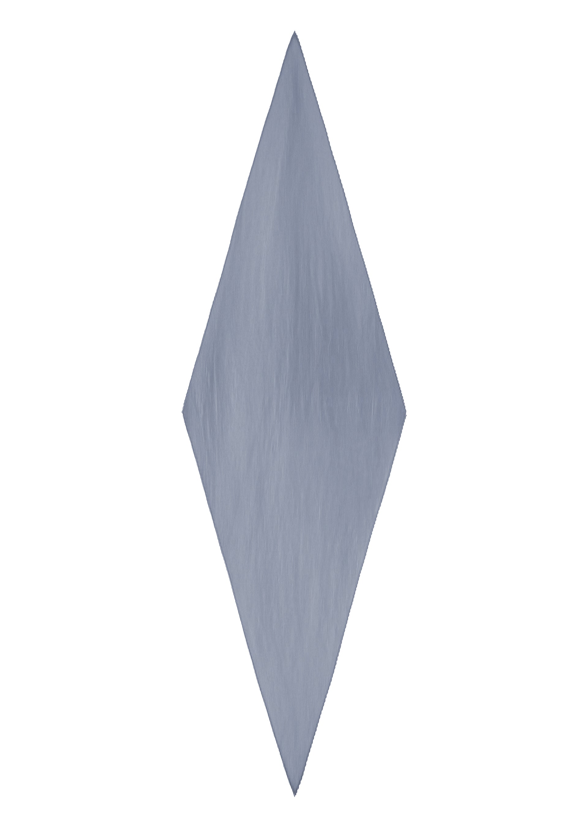 Zoomed view The MONTHLY SCARF AUGUST by PLEATS PLEASE ISSEY MIYAKE, featuring a silver-gray hue and diamond shape with a textured surface, adds refreshing color and midsummer elegance to a white background.