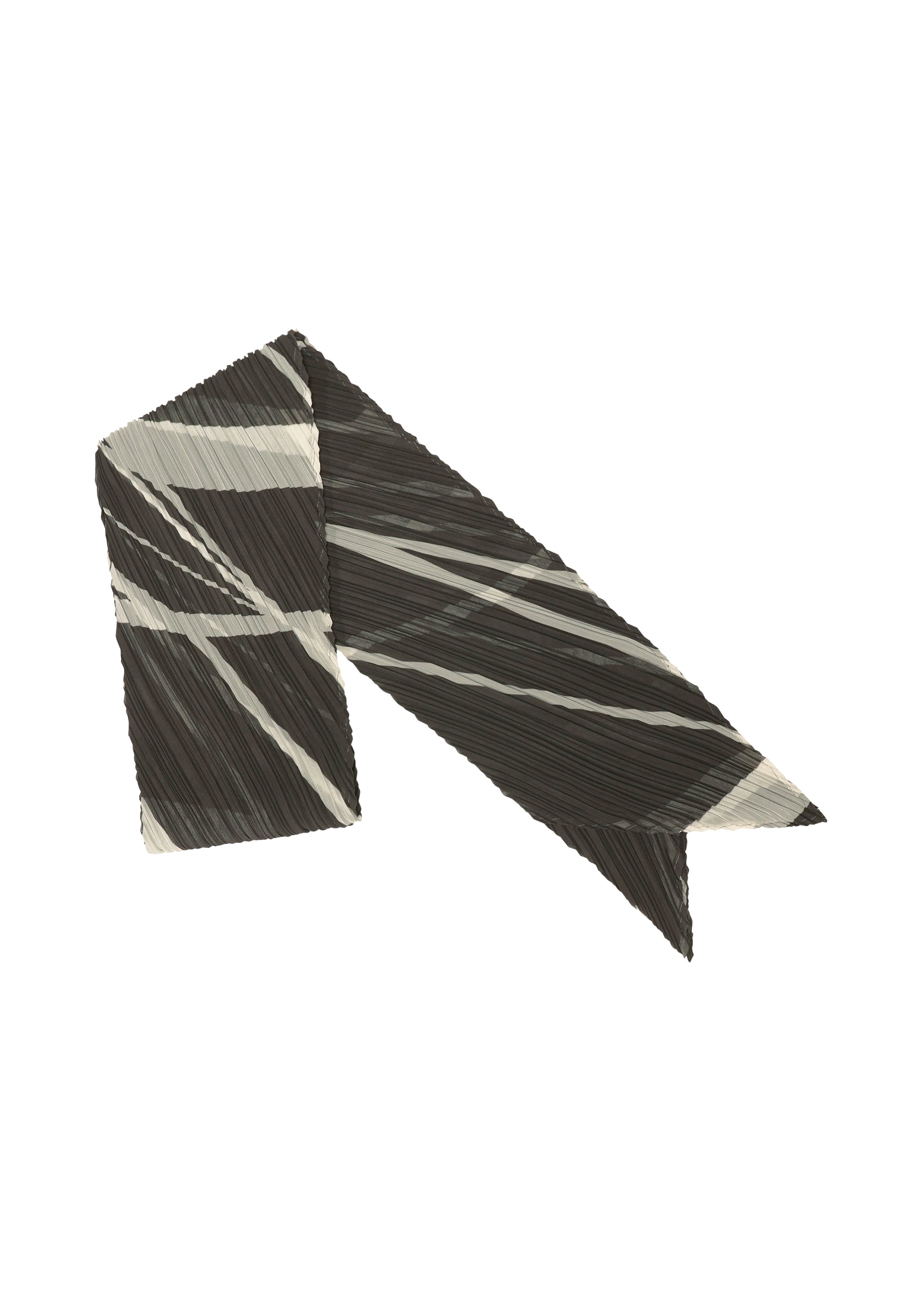 Zoomed view The FOLD LINE SCARF by PLEATS PLEASE ISSEY MIYAKE—a pleated black scarf adorned with white and gray angular stripe patterns inspired by the sharp lines of diagonal gift wrapping—is displayed on a white background. - CHARCOAL （no.17）