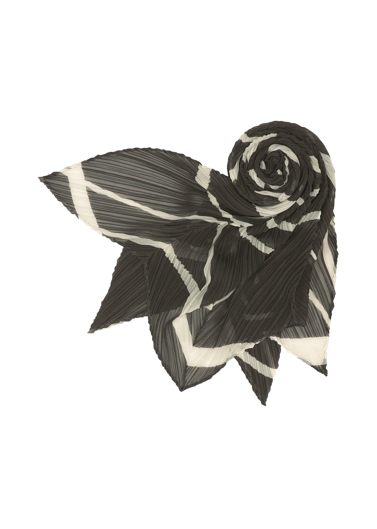 The FOLD LINE SCARF by PLEATS PLEASE ISSEY MIYAKE, featuring black and white pleats with pointed edges, is displayed in a spiral on a white background—its stylized leaf or flower pattern evoking the elegance of diagonal gift wrapping and the structured artistry reminiscent of a folding screen. view 3 of 5