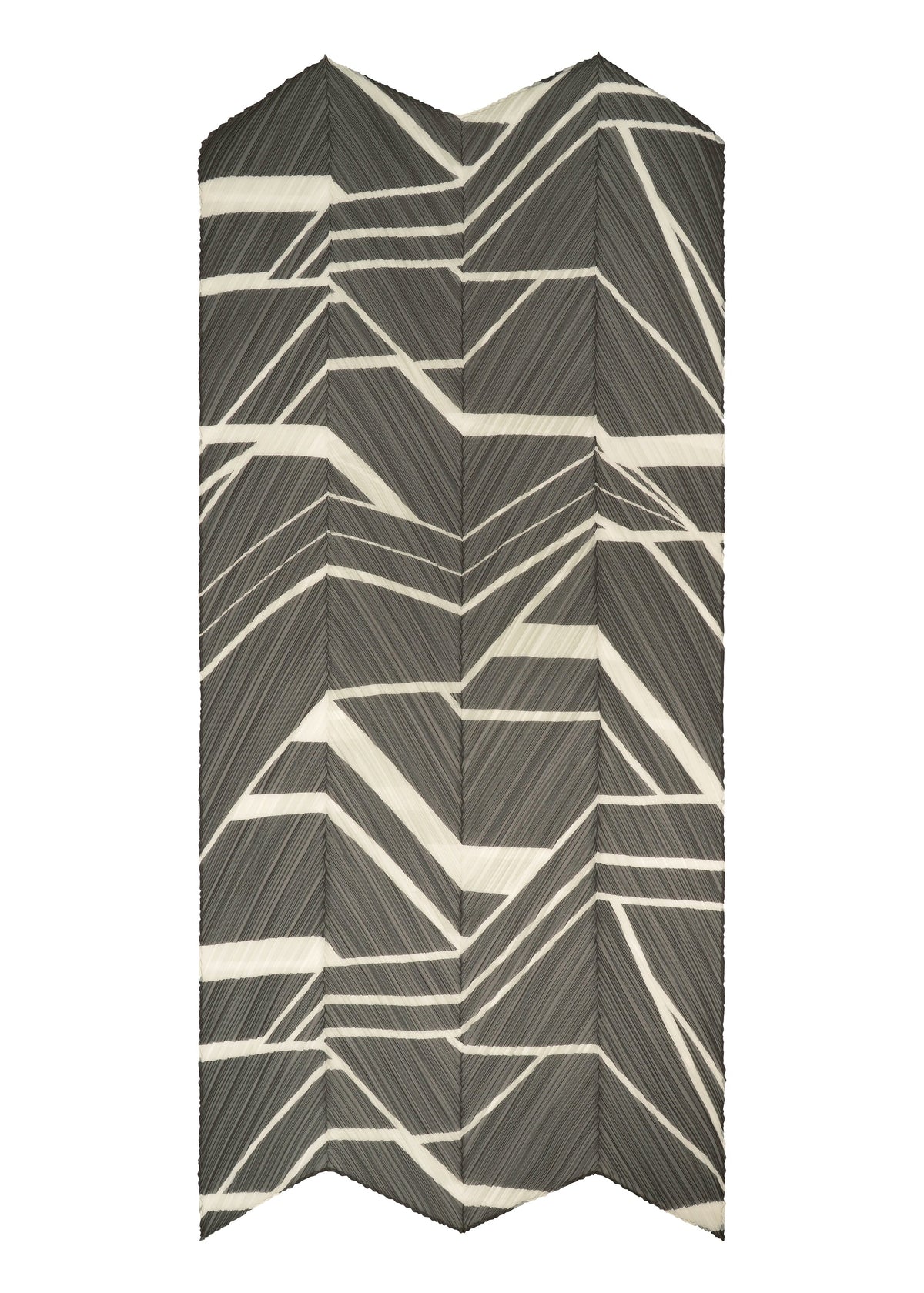 The FOLD LINE SCARF by PLEATS PLEASE ISSEY MIYAKE features a dynamic, modern chevron motif with black, white, and gray angled lines in a geometric zigzag pattern reminiscent of diagonal gift wrapping. view 4 of 5