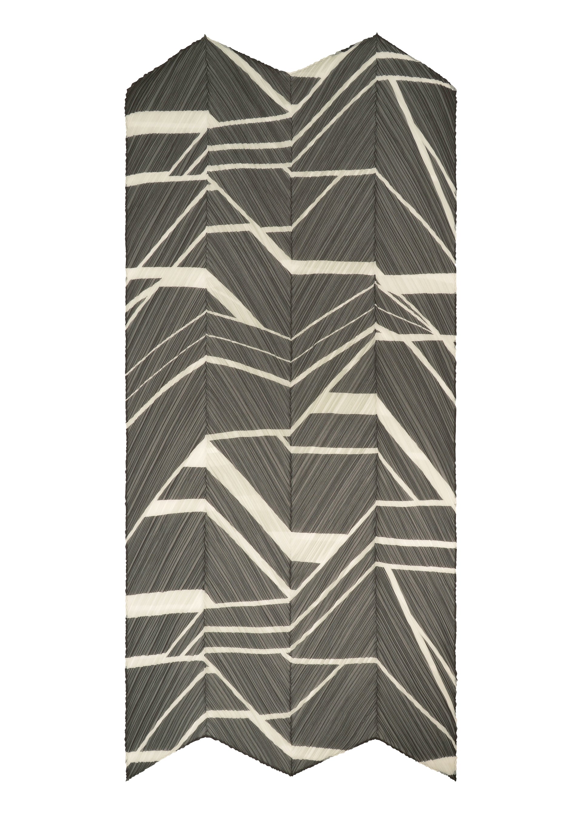 Zoomed view The FOLD LINE SCARF by PLEATS PLEASE ISSEY MIYAKE features a dynamic, modern chevron motif with black, white, and gray angled lines in a geometric zigzag pattern reminiscent of diagonal gift wrapping.