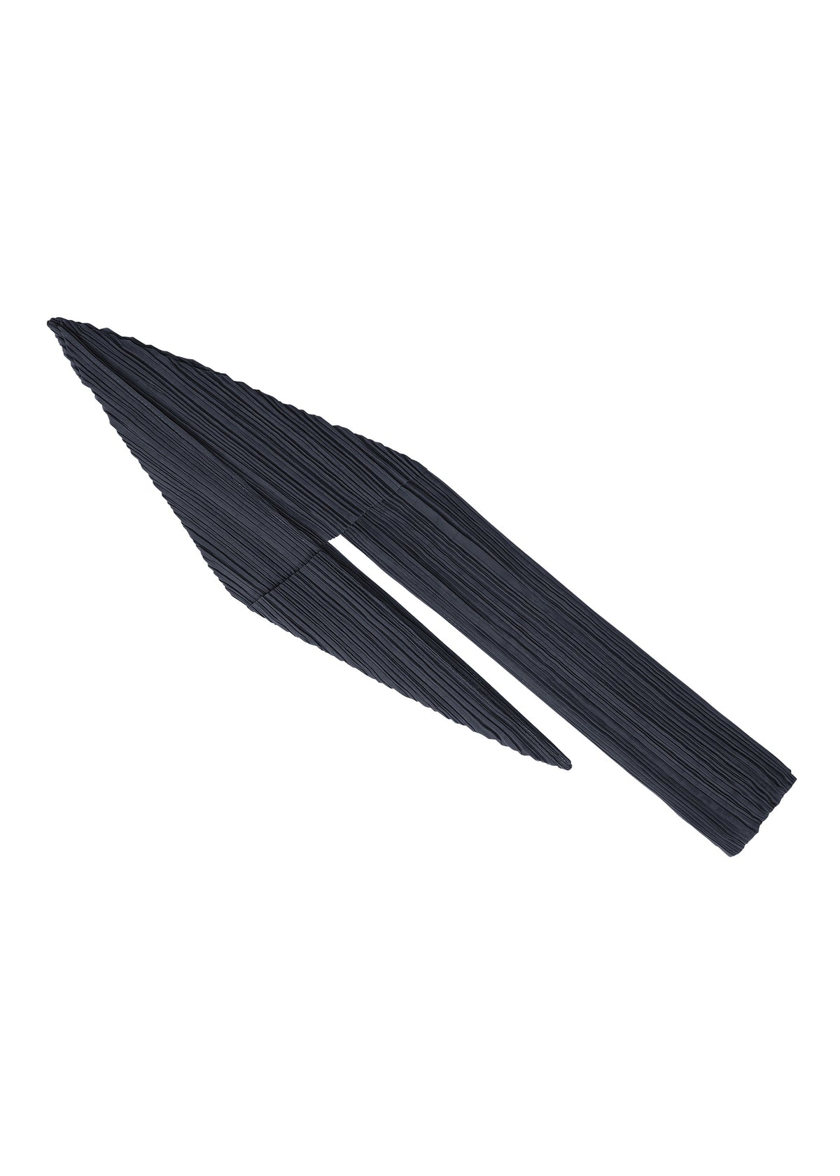A FOLD HOOD SCARF by PLEATS PLEASE ISSEY MIYAKE is styled on a white background, with part of the pleated scarf separated and angled upward, forming an abstract, arrow-like silhouette reminiscent of uncooked black pasta noodles elegantly draped in crisp folds. view 3 of 6