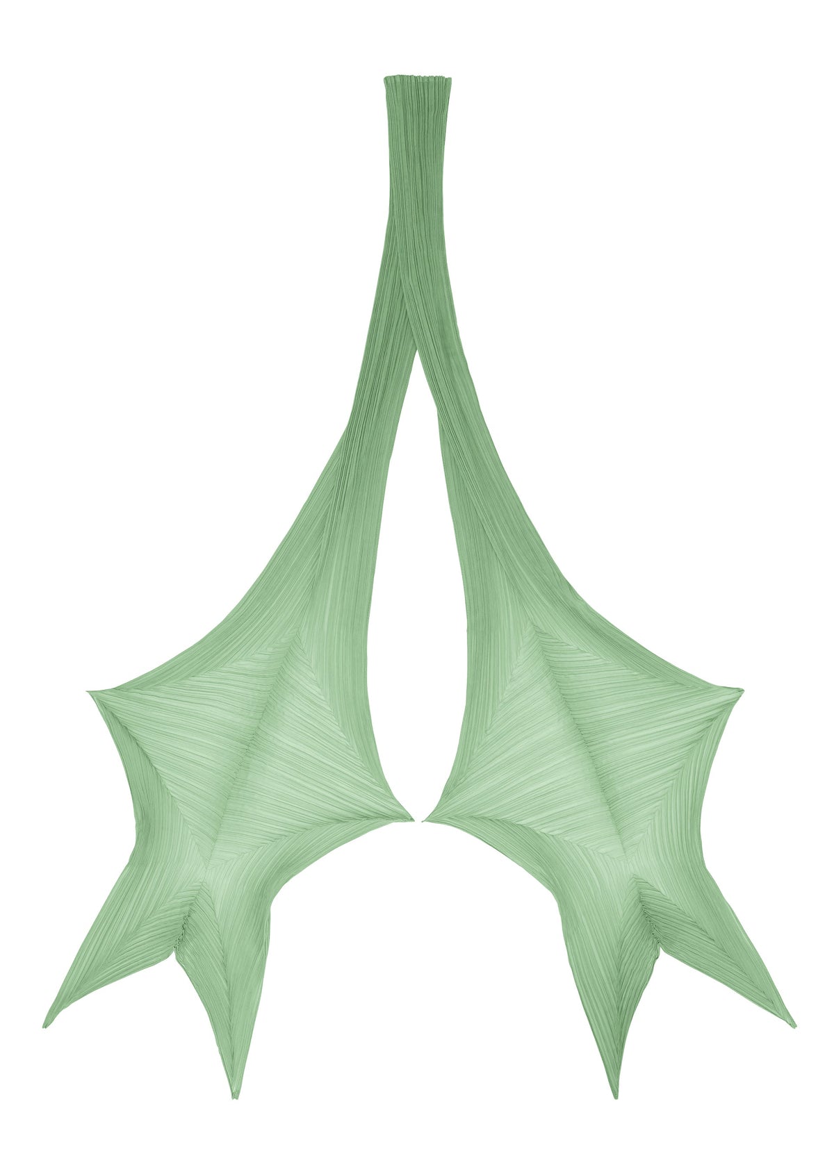 Two green, webbed shapes resembling stylized leaves or wings are joined at the top, fanning out into three pointed tips on each side against a white background—evoking the elegant folds of the FOLD HOOD SCARF by PLEATS PLEASE ISSEY MIYAKE. view 4 of 6