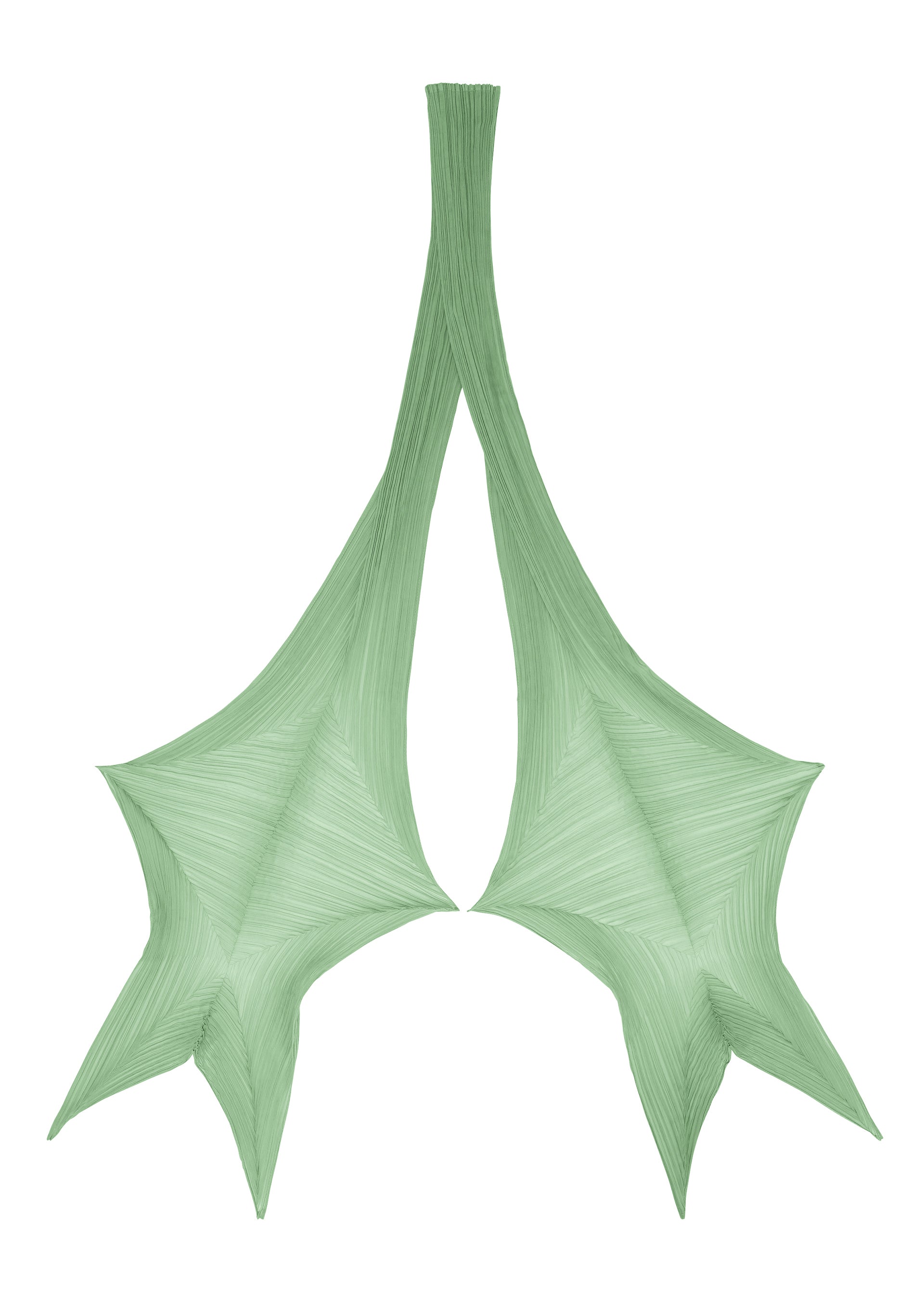 Zoomed view Two green, webbed shapes resembling stylized leaves or wings are joined at the top, fanning out into three pointed tips on each side against a white background—evoking the elegant folds of the FOLD HOOD SCARF by PLEATS PLEASE ISSEY MIYAKE.