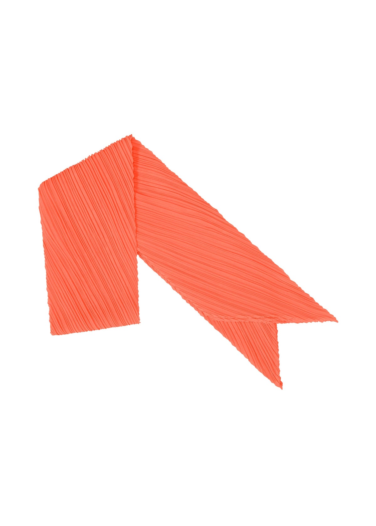 A textured, coral-colored MONTHLY SCARF SEPTEMBER by PLEATS PLEASE ISSEY MIYAKE, reminiscent of a folding screen, forms a right angle with one pointed end and one forked end, set against a softly colored white background. view 1 of 6