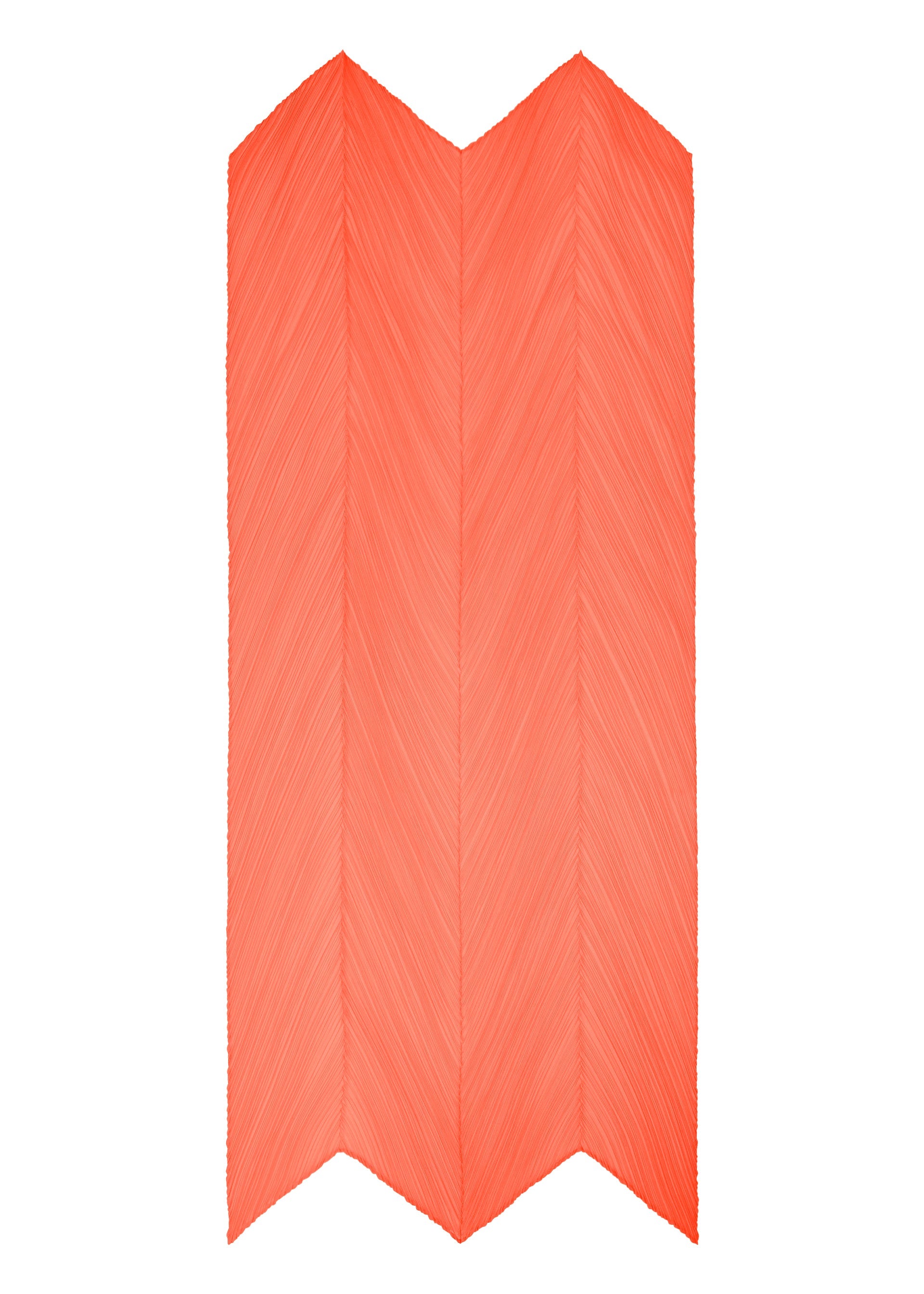 Zoomed view The MONTHLY SCARF SEPTEMBER by PLEATS PLEASE ISSEY MIYAKE is a coral-colored, chevron-patterned folding screen with three panels. Each panel features diagonal lines that evoke the gentle, textured appearance of a delicate scarf. The screen stands upright against a white background.