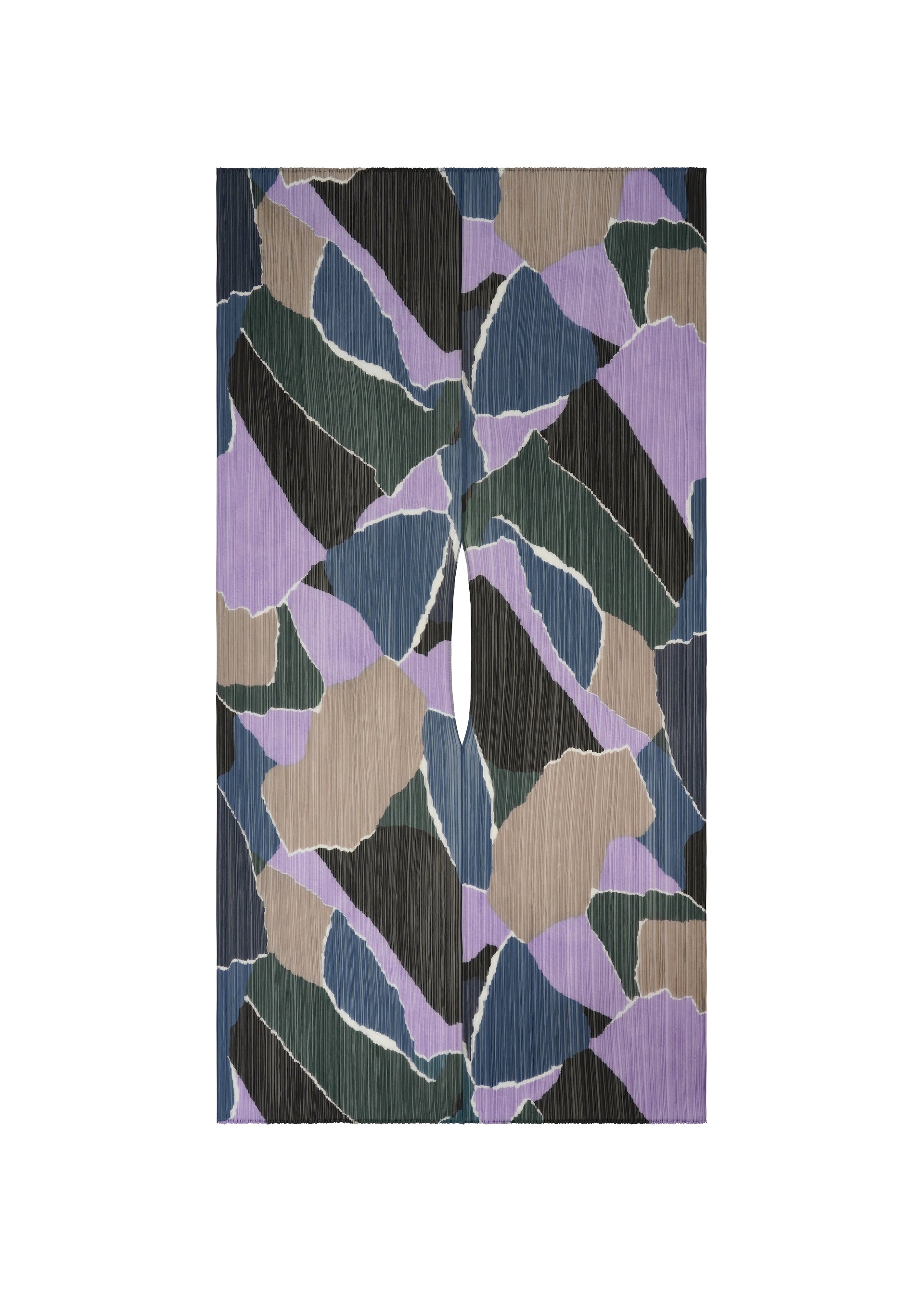 Zoomed view The SURPRISE! MADAME-T robe by PLEATS PLEASE ISSEY MIYAKE features a textured, abstract pattern of overlapping shapes in purple, green, beige, blue, and black set against a white background. Reminiscent of a paper tearing motif, the robe is shown laid flat with both sleeves and its open front on display. - PURPLE （no.81）