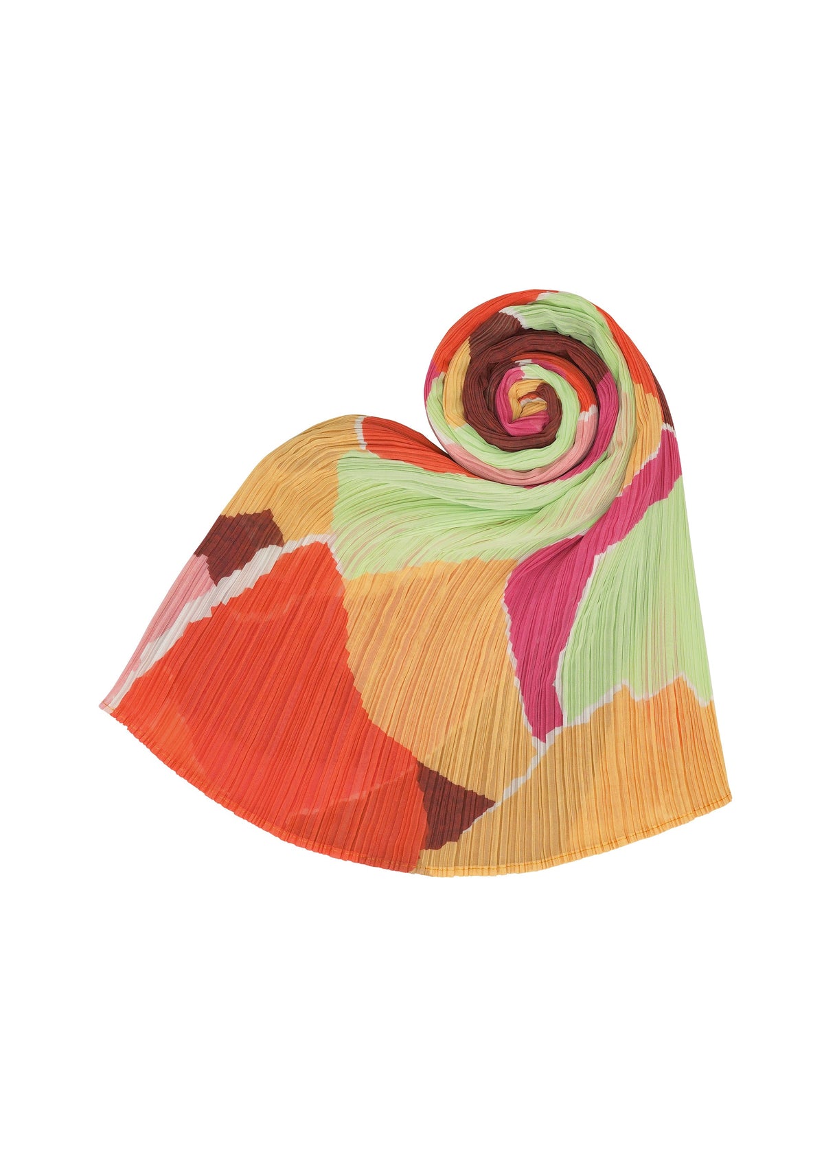 The SURPRISE! MADAME-T stole by PLEATS PLEASE ISSEY MIYAKE, crafted from pleated multicolored fabric in orange, pink, green, yellow, and brown with a striking paper tearing pattern, is artistically displayed in a spiral shape against a white backdrop. view 3 of 4
