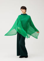 Wearing the MADAME-T OCTOBER by PLEATS PLEASE ISSEY MIYAKE, a person in a bright green pleated stole top and dark green wide-leg pants stands against a plain background, looking to the side.