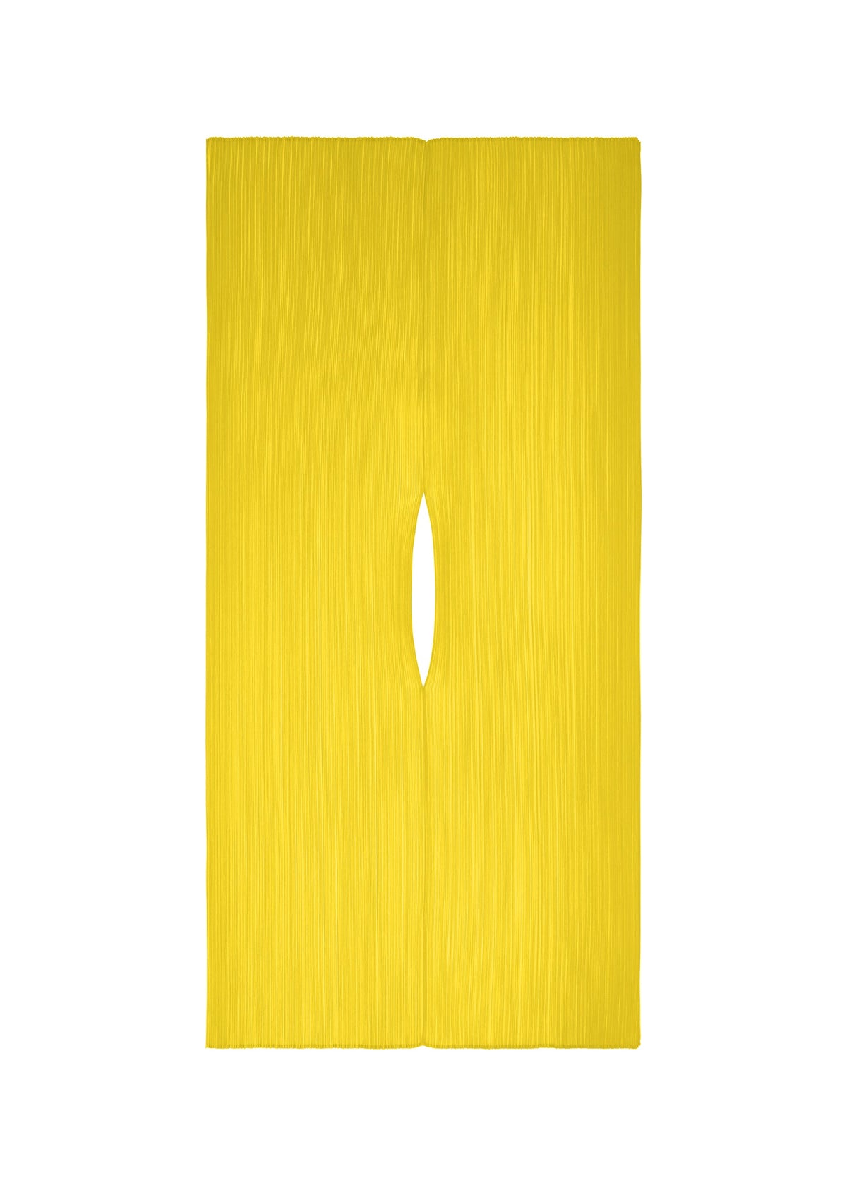 Zoomed view The MADAME-T OCTOBER by PLEATS PLEASE ISSEY MIYAKE is a rectangular yellow piece with a central vertical slit and subtle textured vertical lines, resembling a color planes stole. - YELLOW OCHER （no.55）