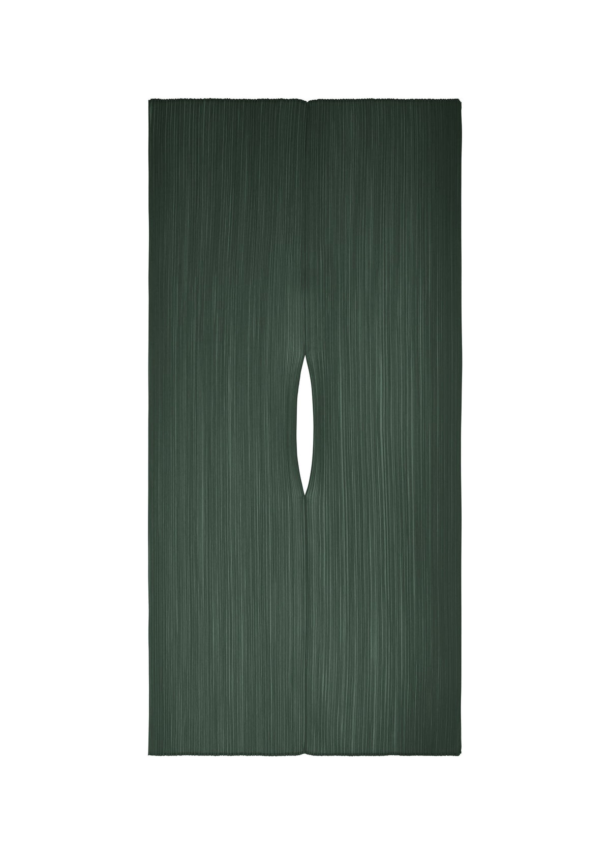 A vertical, dark green rectangular panel with fine textured lines and a narrow shawl-style center opening, featuring the MADAME-T OCTOBER by PLEATS PLEASE ISSEY MIYAKE against a white background. view 3 of 5