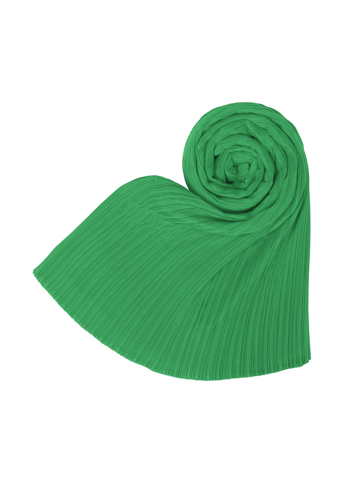 Zoomed view The MADAME-T OCTOBER by PLEATS PLEASE ISSEY MIYAKE is a bright green large pleated stole scarf, rolled on one end and fanned out on the other, shown against a white background.
