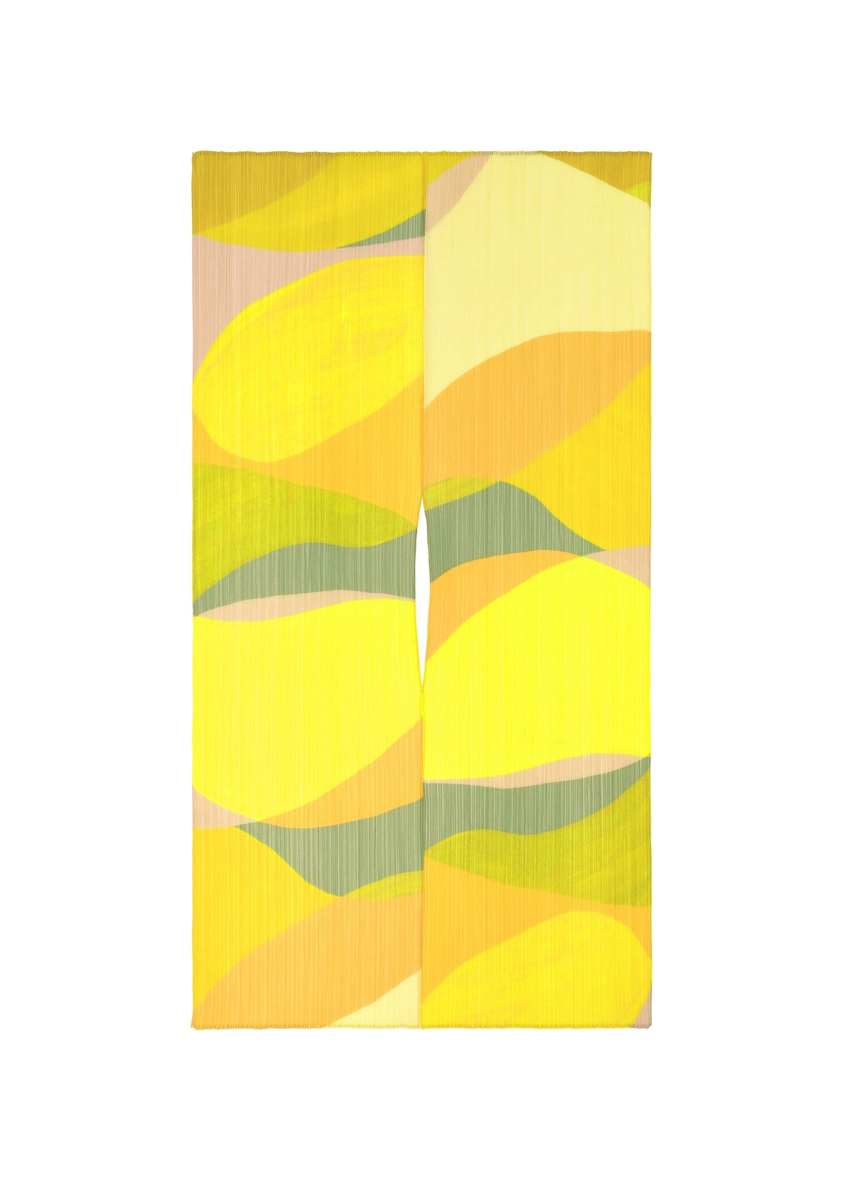 The ORBIT MADAME-T by PLEATS PLEASE ISSEY MIYAKE features overlapping yellow, orange, green, and beige shapes on a large stole with a vertical split and a plain white background. view 1 of 4